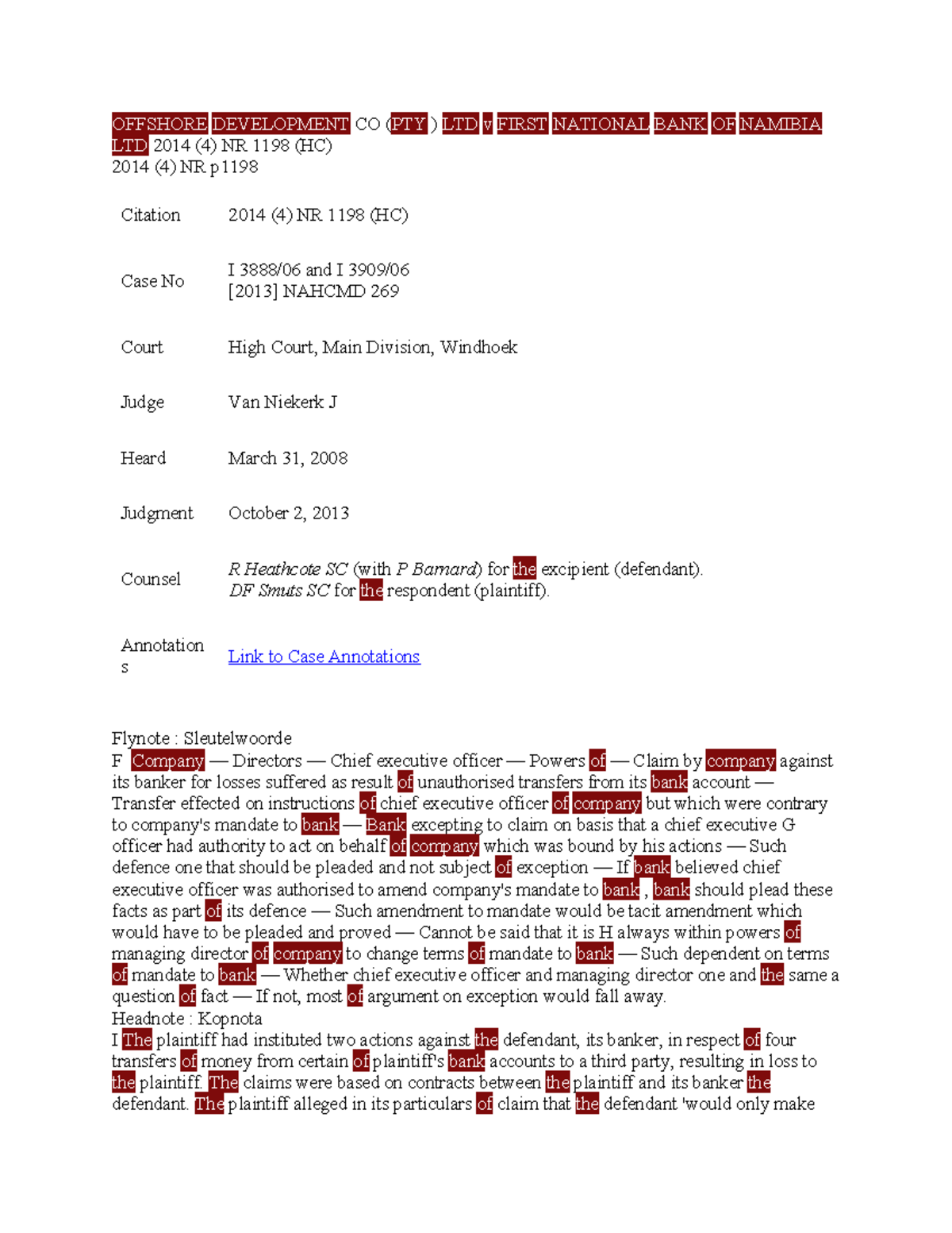 Offshore Development CO (PTY ) LTD v First National BANK OF Namibia LTD