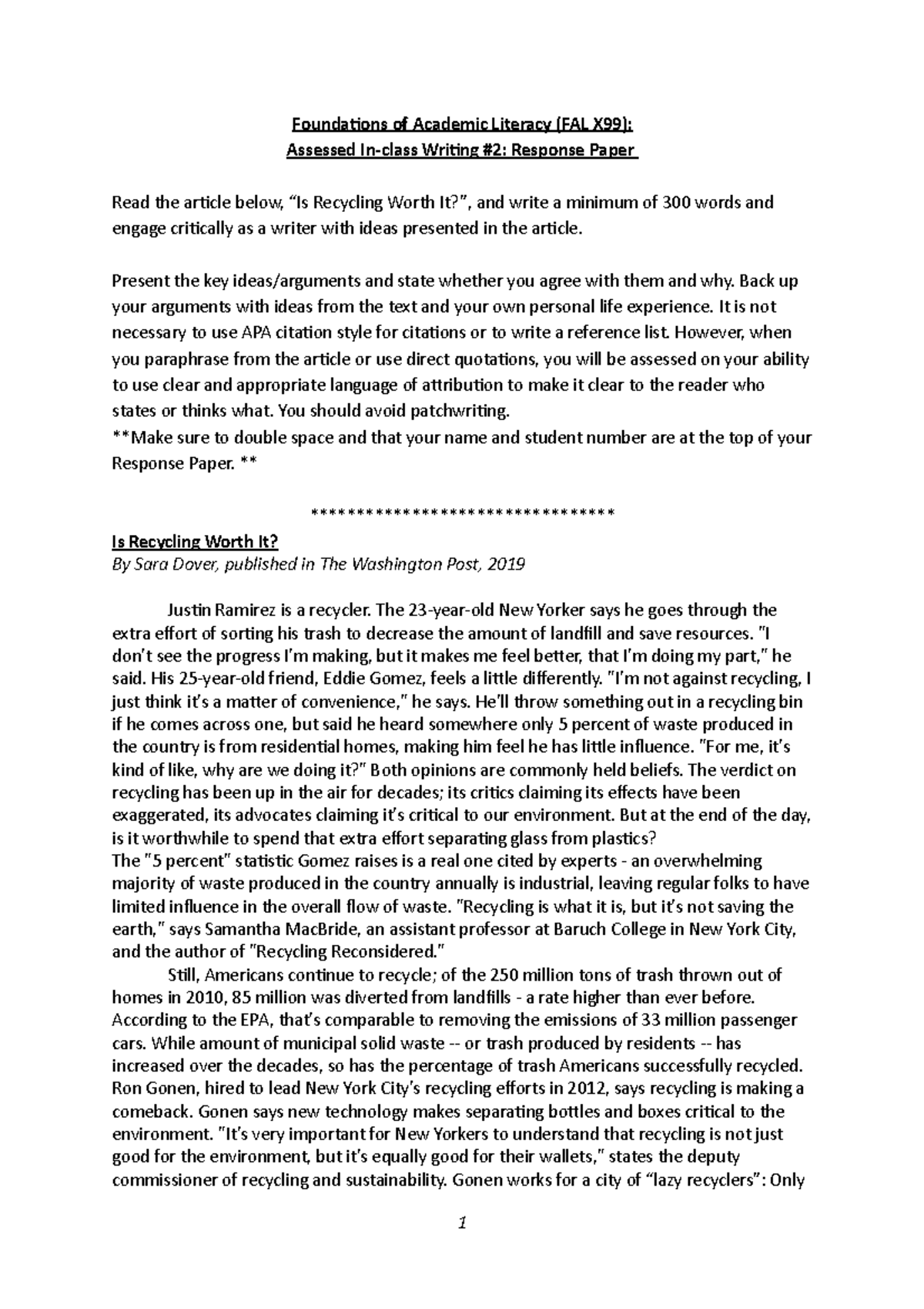 Practice Response Paper Is Recycling worth it Response Paper