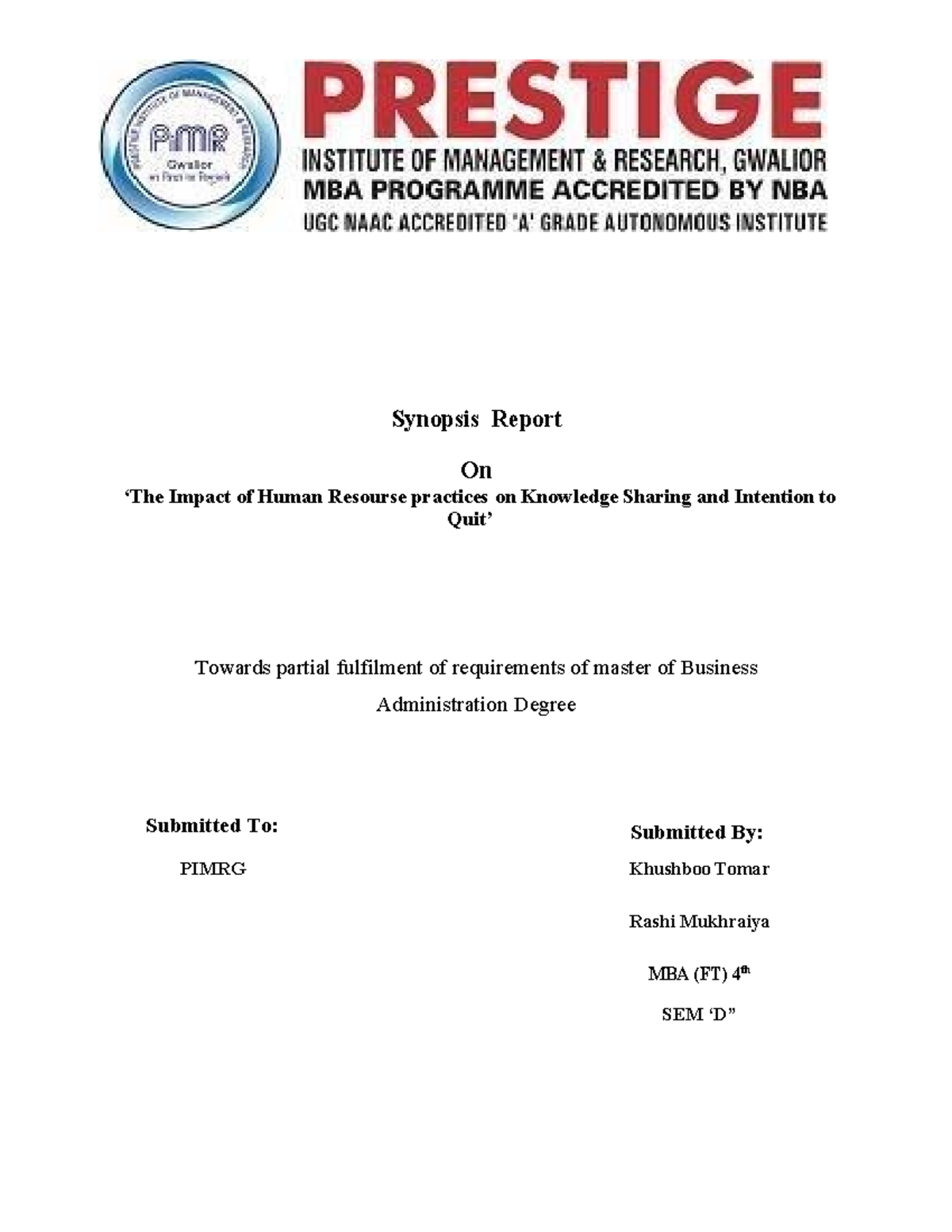 MRP file - Synopsis Report On ‘The Impact of Human Resourse practices ...