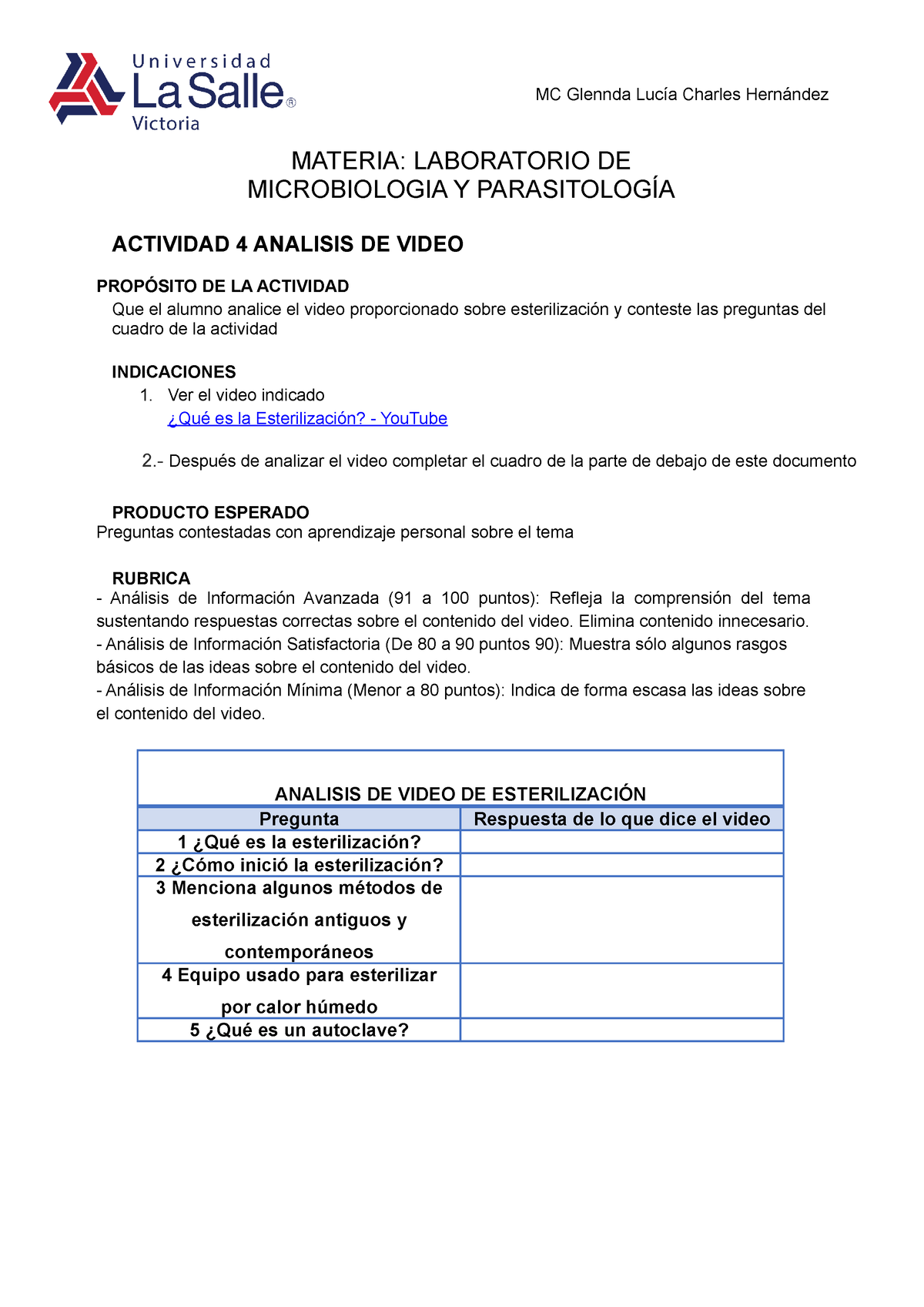 Práctica A Esterilización - MC Glennda Lucía Charles Hernández MATERIA ...