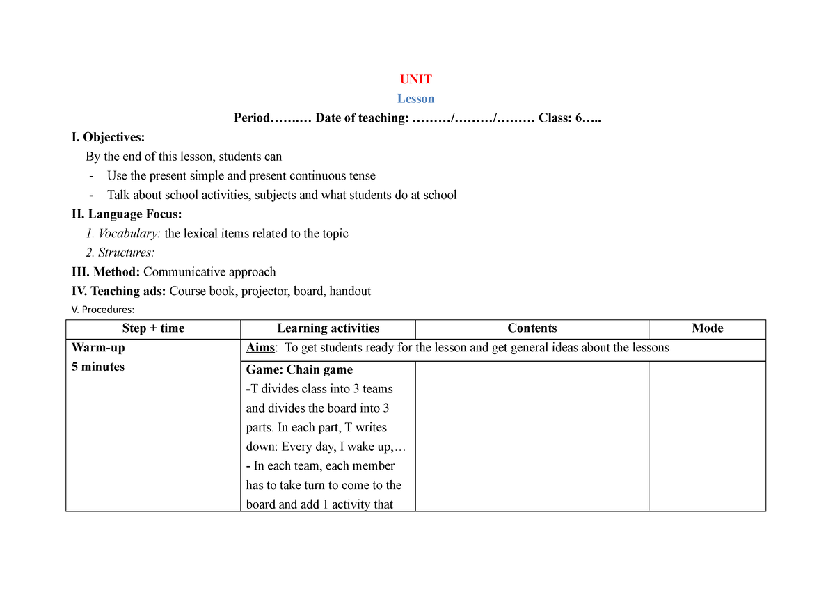 English 6 unit 1 a closer look 2 - UNIT Lesson Period.......... Date of ...