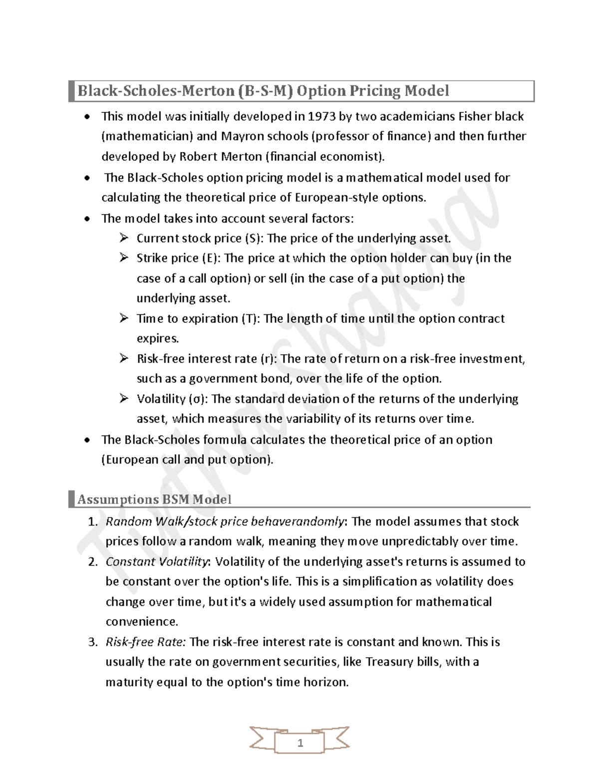 B-S-M Model - Black-Scholes-Merton (B-S-M) Option Pricing Model This ...