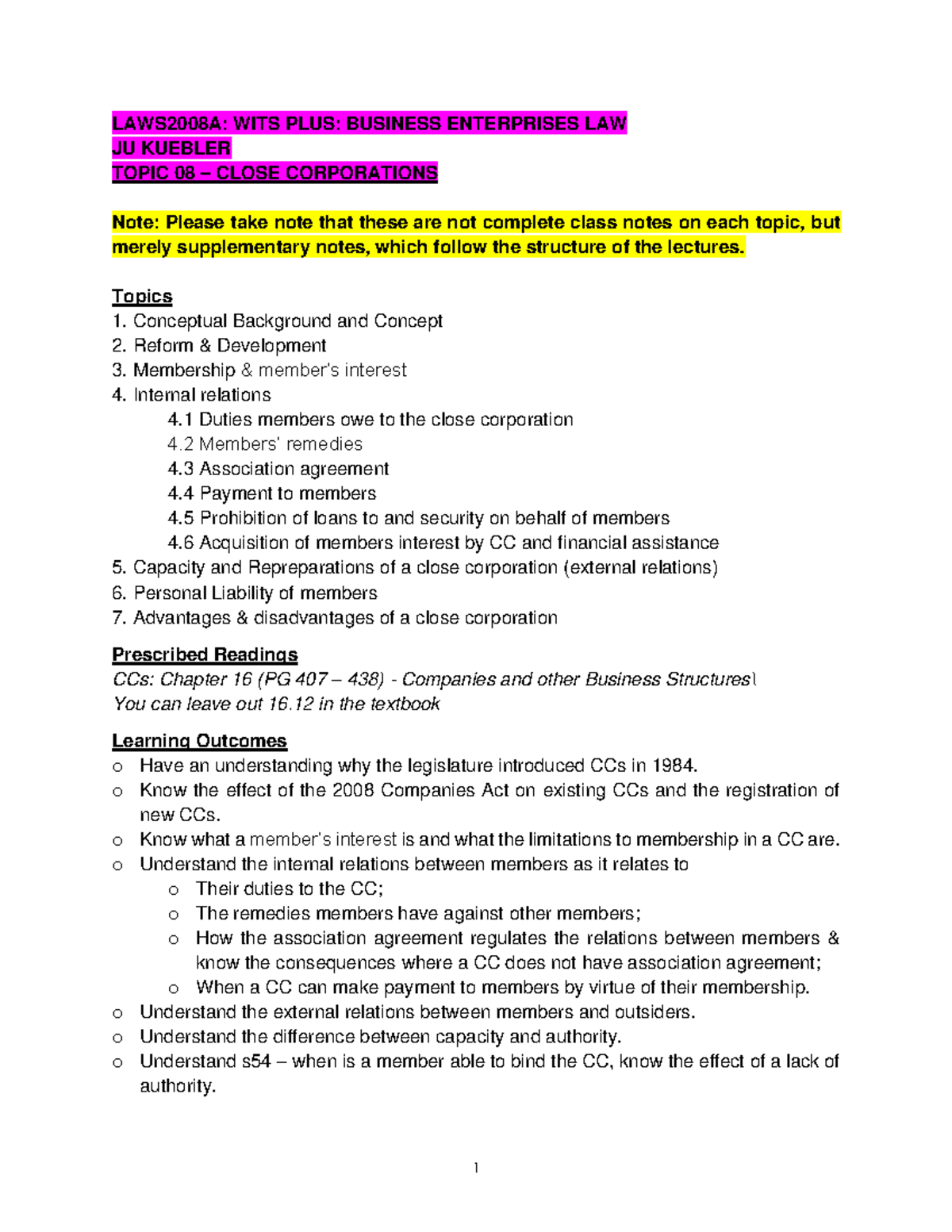 Topic+08+-+ Lecture+ Notes - LAWS2008A: WITS PLUS: BUSINESS ENTERPRISES ...