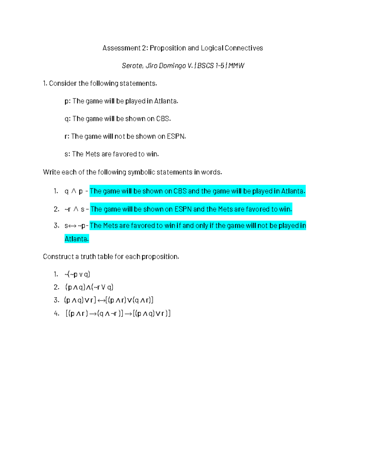 Proposition and Logical Connectives (Assesment 2 and 2.1 submission ...