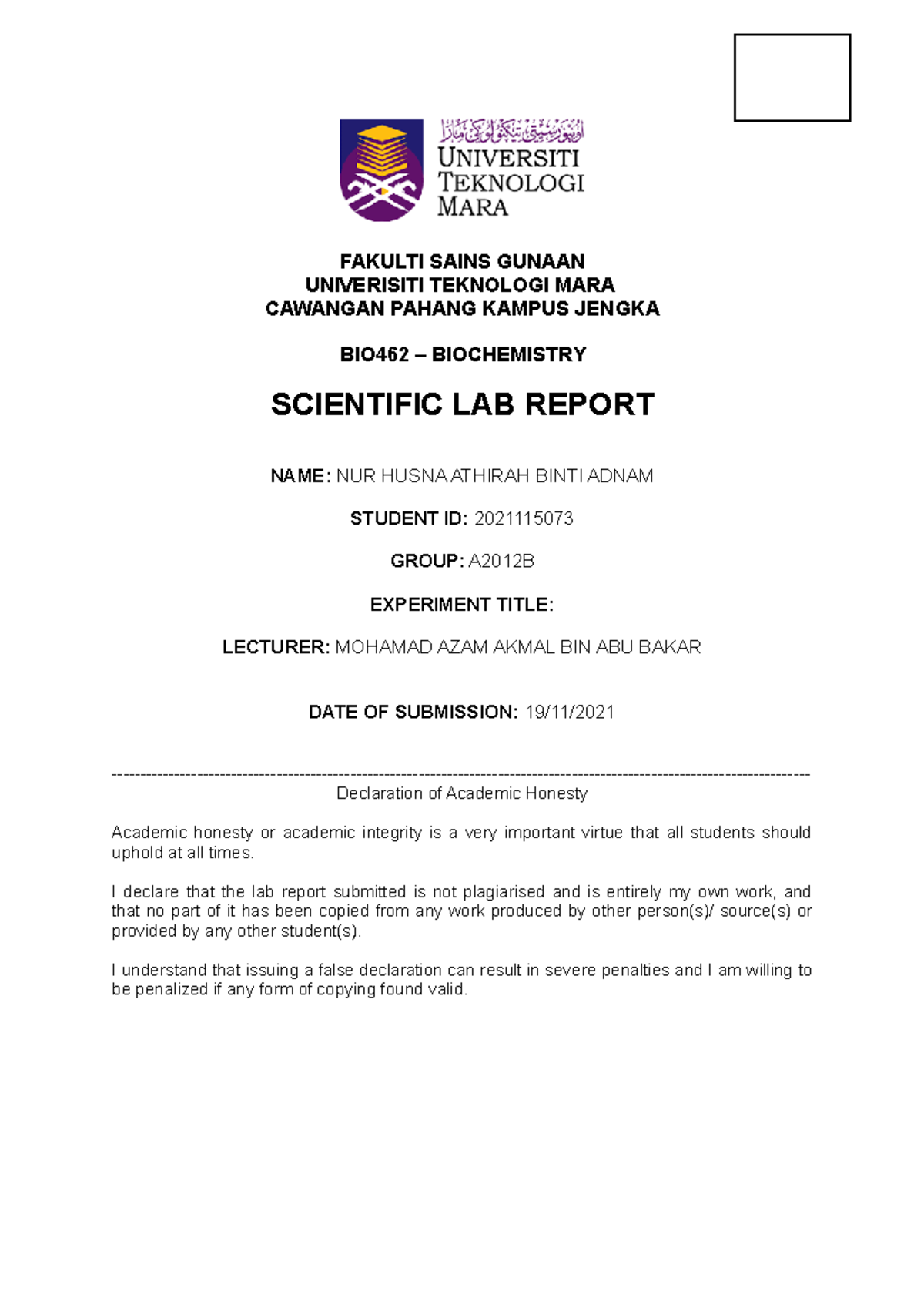 BIO462 Lab Report Experiment Dilution and Molarity Biology UiTM Studocu