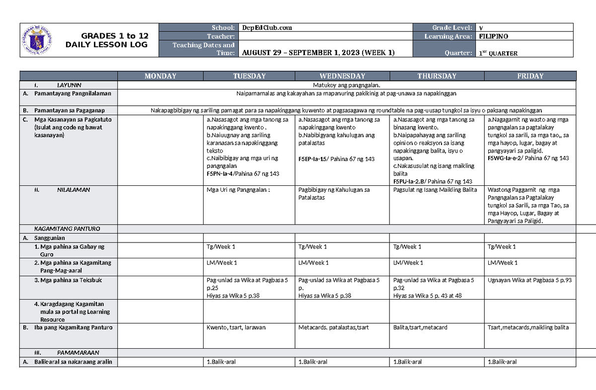 DLL Filipino 5 Q1 W1 - kkkk - GRADES 1 to 12 DAILY LESSON LOG School ...
