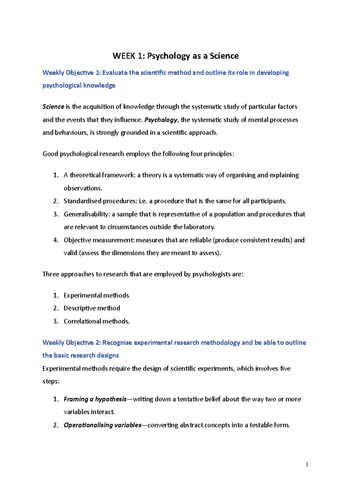 WEEK 1 - Week 1 module notes - WEEK 1: Psychology as a Science Weekly ...