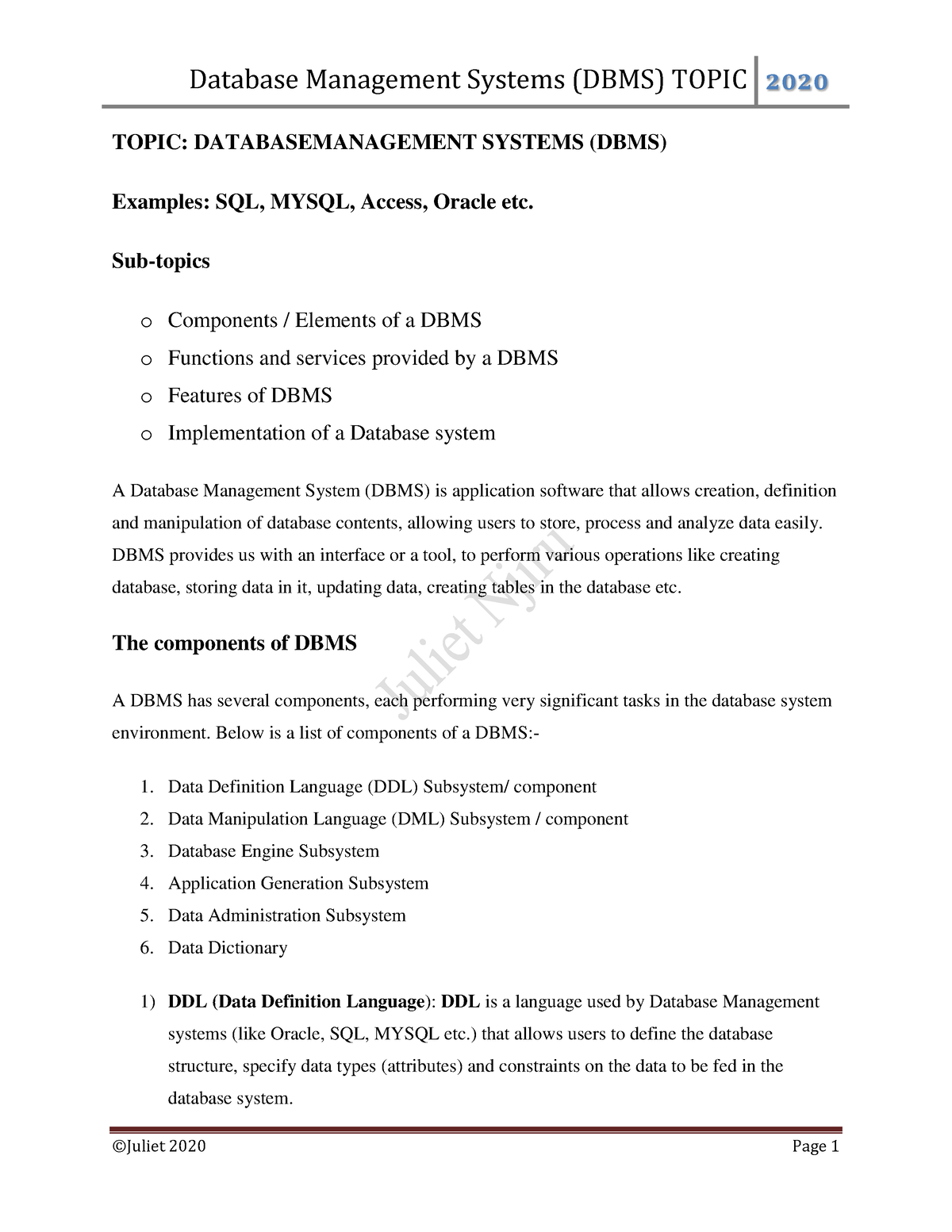 Database Management Systems Lecture Notes - TOPIC: DATABASEMANAGEMENT ...