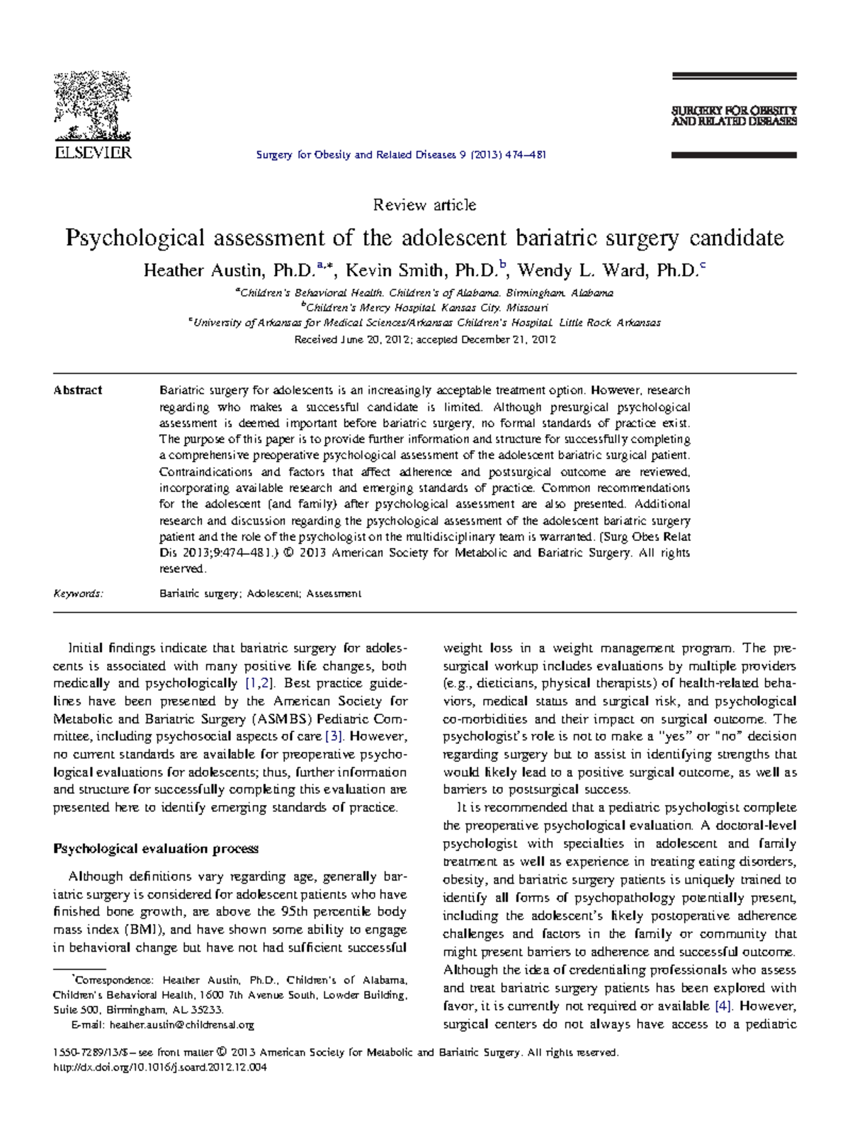 Psychological assessment of the adolescent bariatric surgery candidate ...