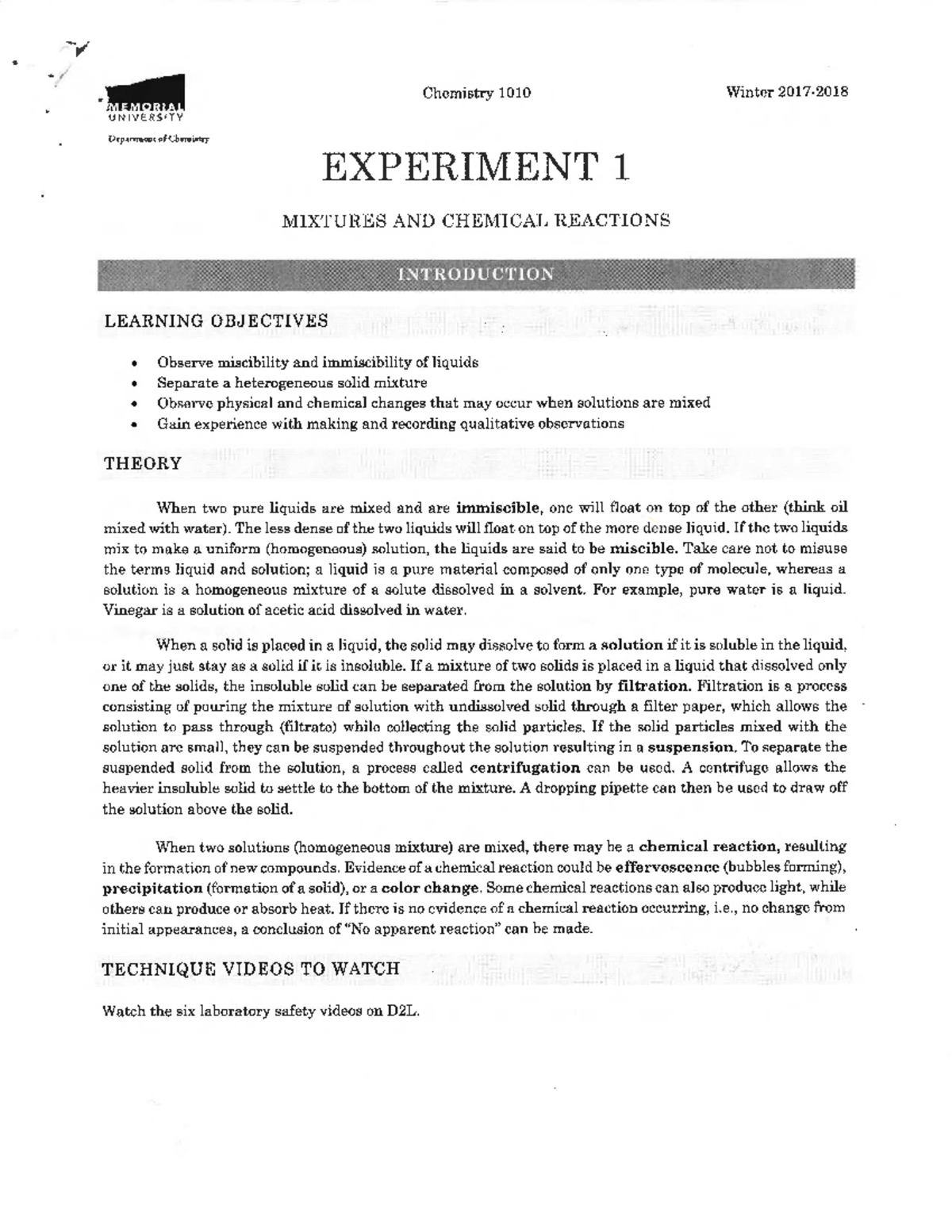 Lab 1 - N - .( Chemistry 1010 Winter UN IVERSITY EXPERIMENT 1 MIXTURES ...