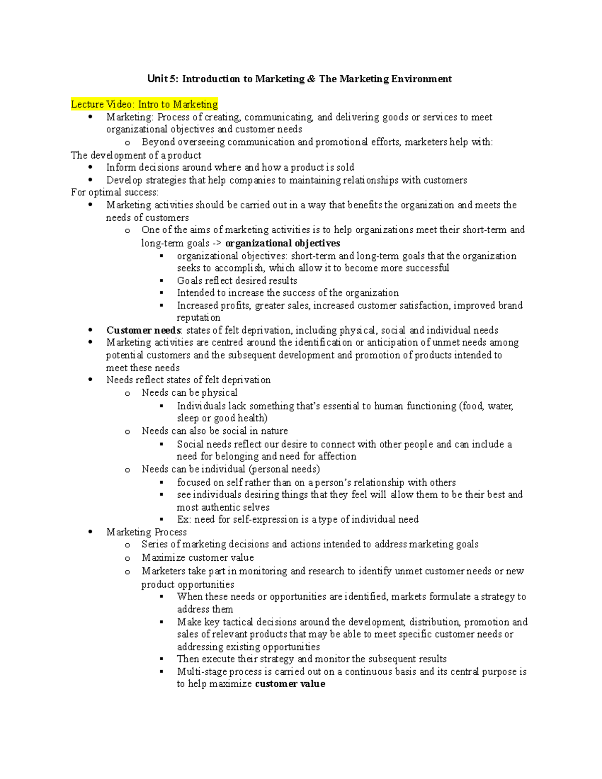 Unit 5 - Lecture 5 NOTES - Unit 5: Introduction to Marketing & The ...