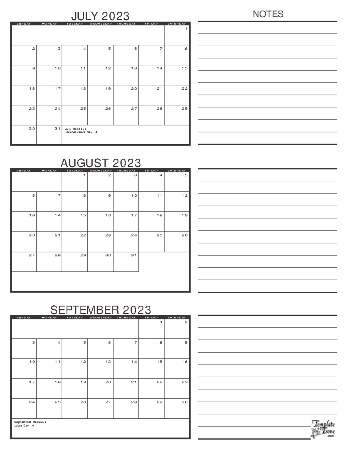 3 Month Calendar July August September 2023 Black - NOTES .com - SUNDAY ...