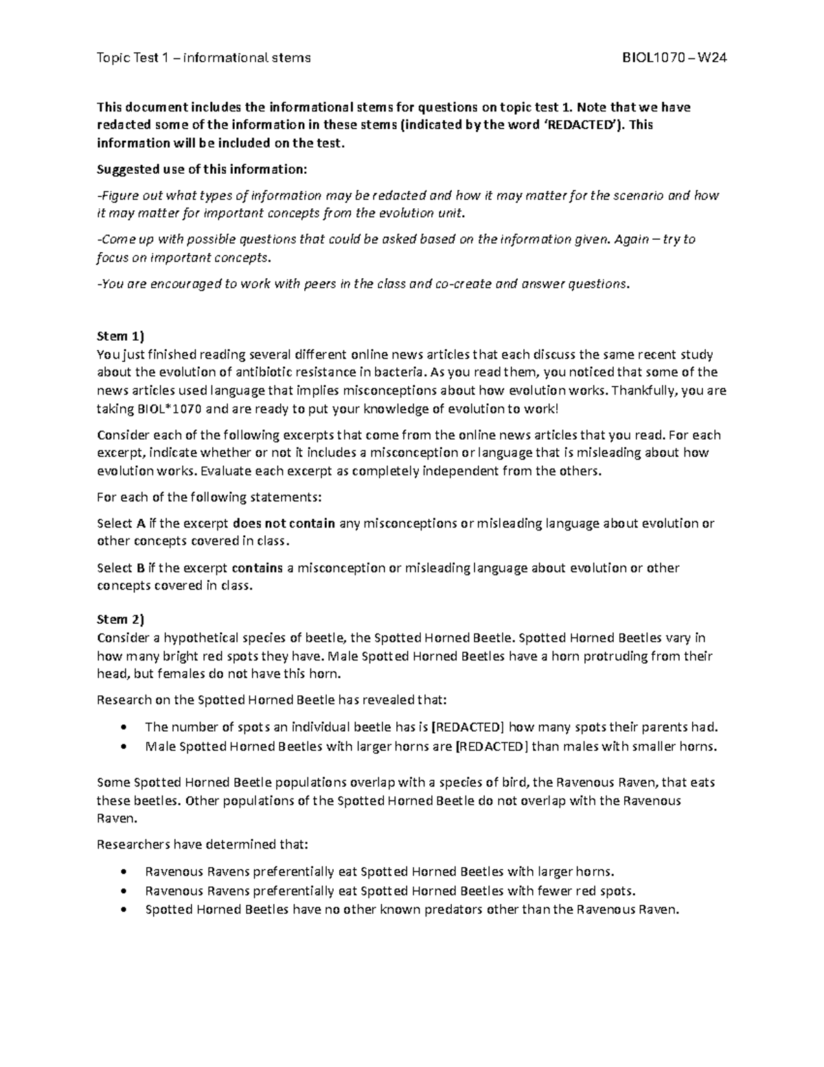 Topic Test 1 question stems - W14 - Topic Test 1 – informational stems ...
