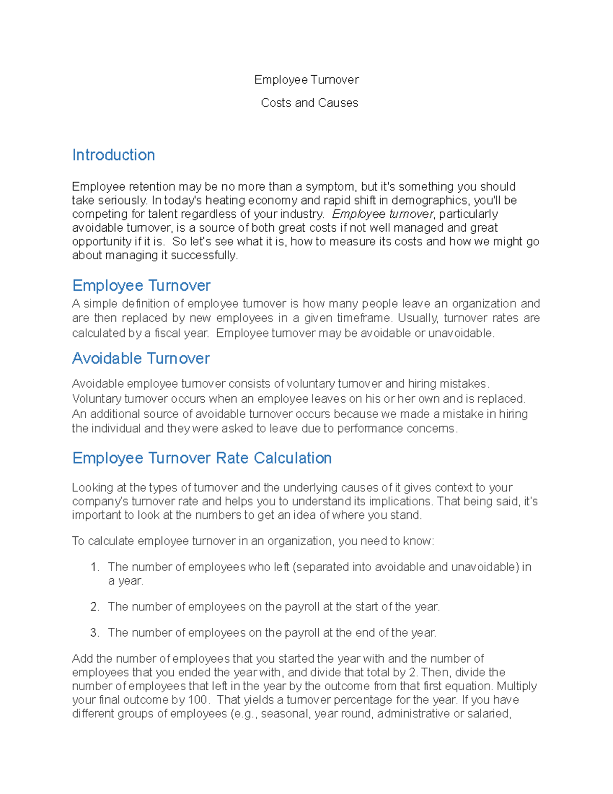 Turnover Paper Employee Turnover Costs and Causes Introduction