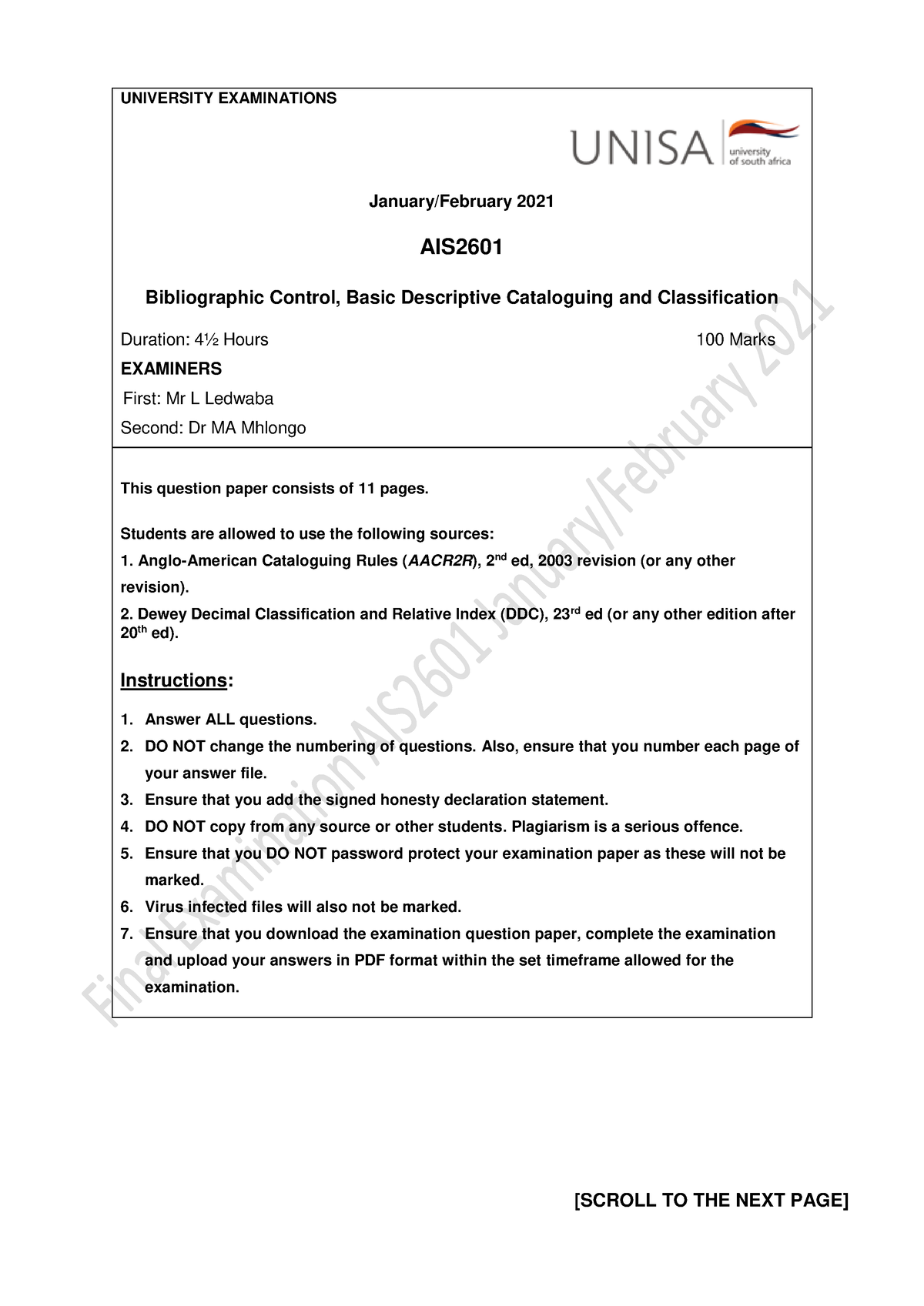 AIS2601 Exam JAN FEB2021 Take Home V1 - UNIVERSITY EXAMINATIONS January ...