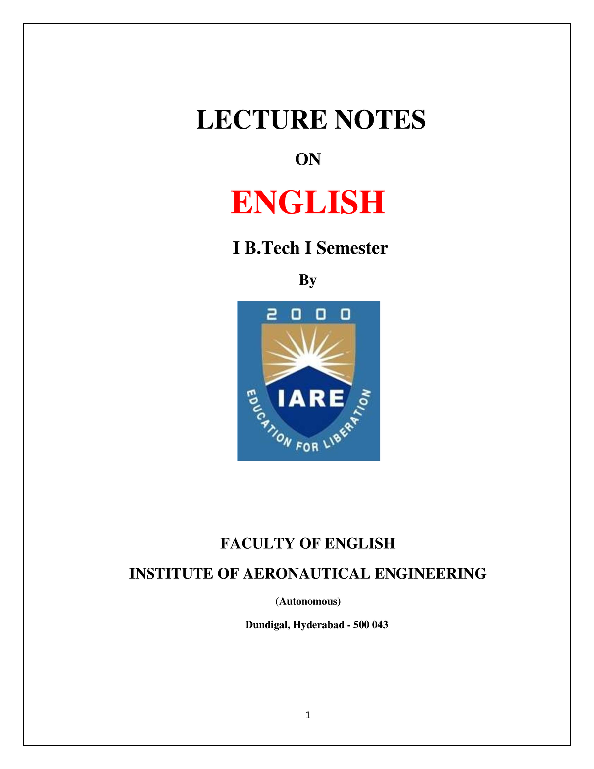 IARE English Lecture Notes - LECTURE NOTES ON ENGLISH I B I Semester By ...