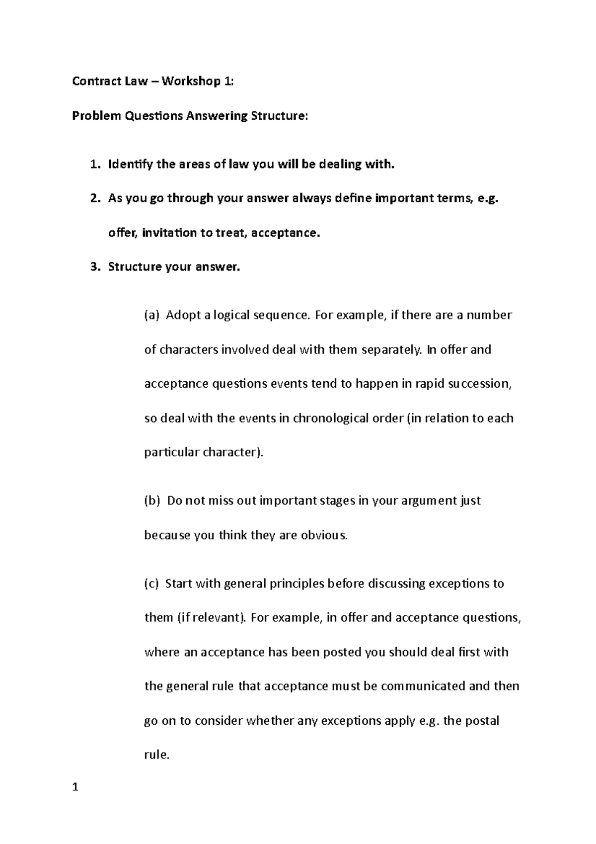 Contract Law - Workshop 1 - seminar preparation - Contract Law ...