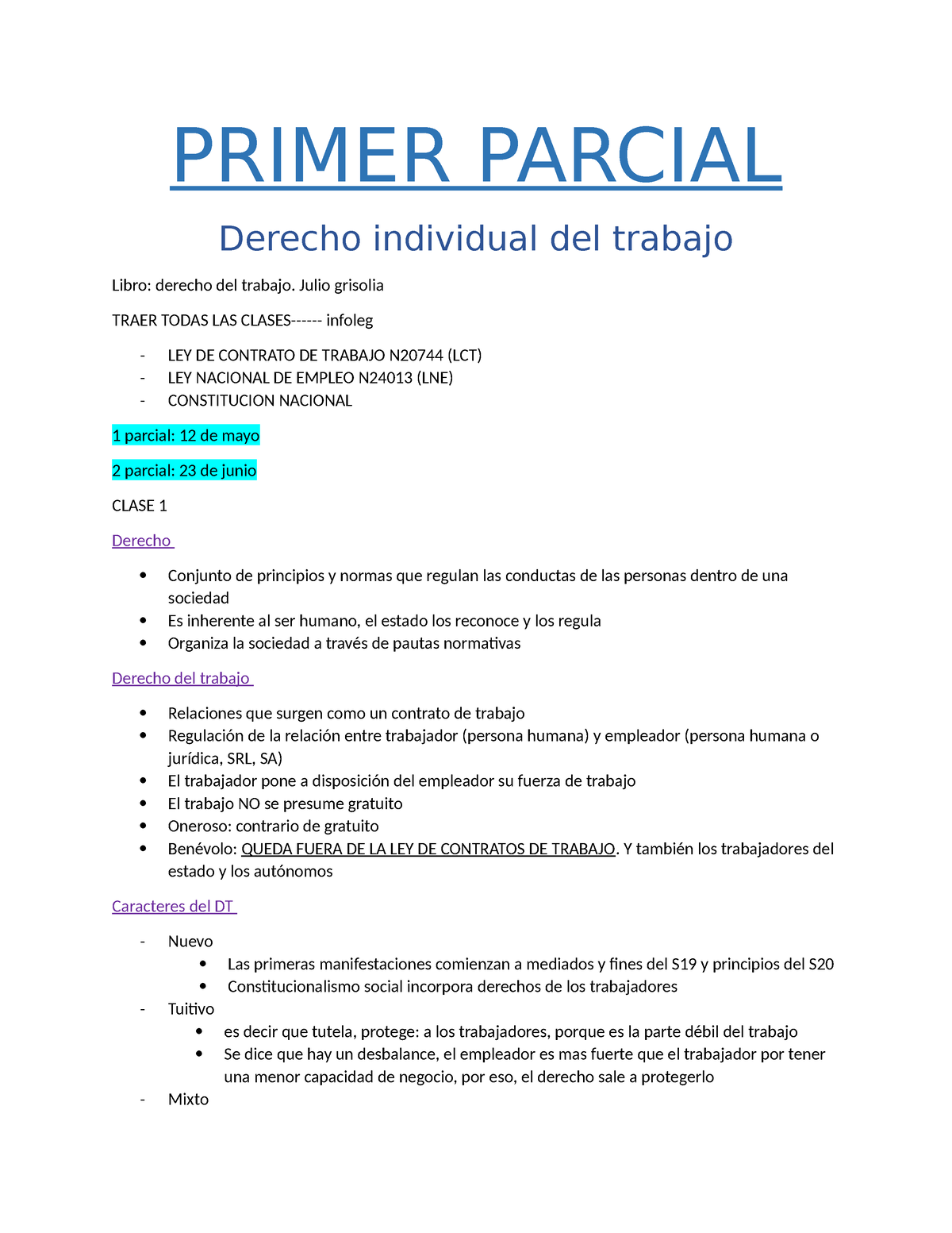 Derecho Individual Del Trabajo - PRIMER PARCIAL Derecho Individual Del ...