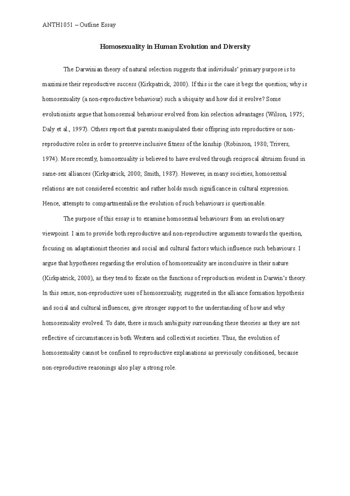 ANTH1051 - Outline Essay (Mark: 90%) - Homosexuality in Human Evolution ...