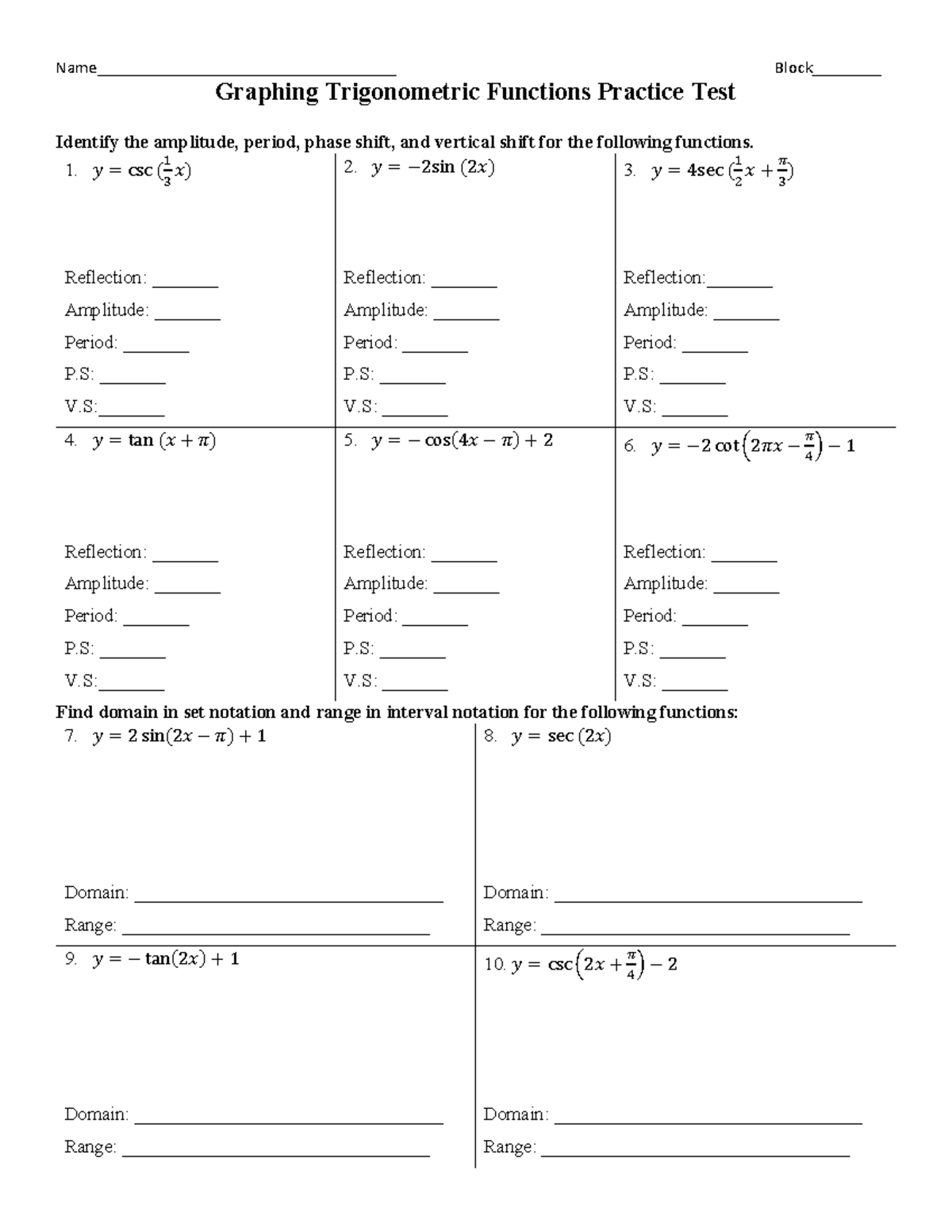 Graphing Trigonometric Functions Practice Test Name