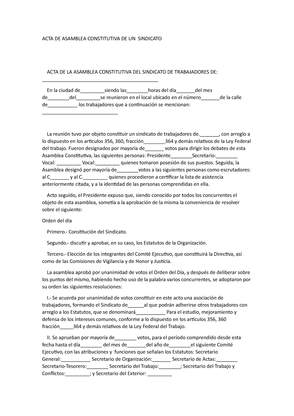 Ejemplo acta constitutiva sindicato word - ACTA DE ASAMBLEA CONSTITUTIVA DE  UN SINDICATO ACTA DE LA - Studocu