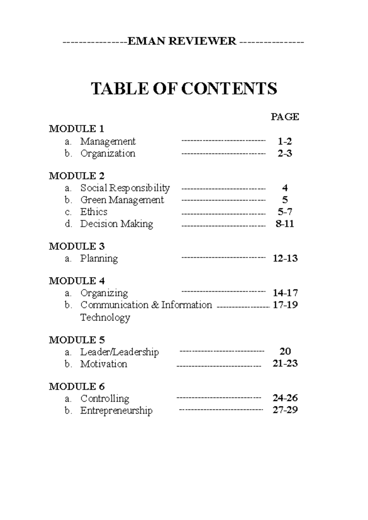 EMAN Reviewer -EMAN REVIEWER - TABLE OF CONTENTS MODULE 1 a. Management ...