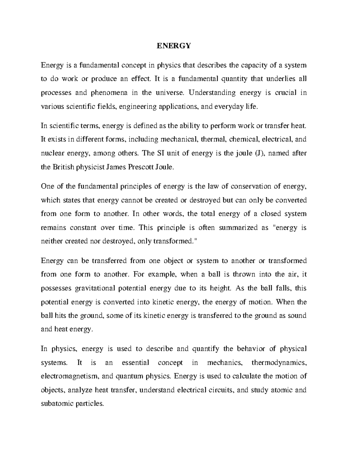 Energy - ENERGY Energy is a fundamental concept in physics that ...