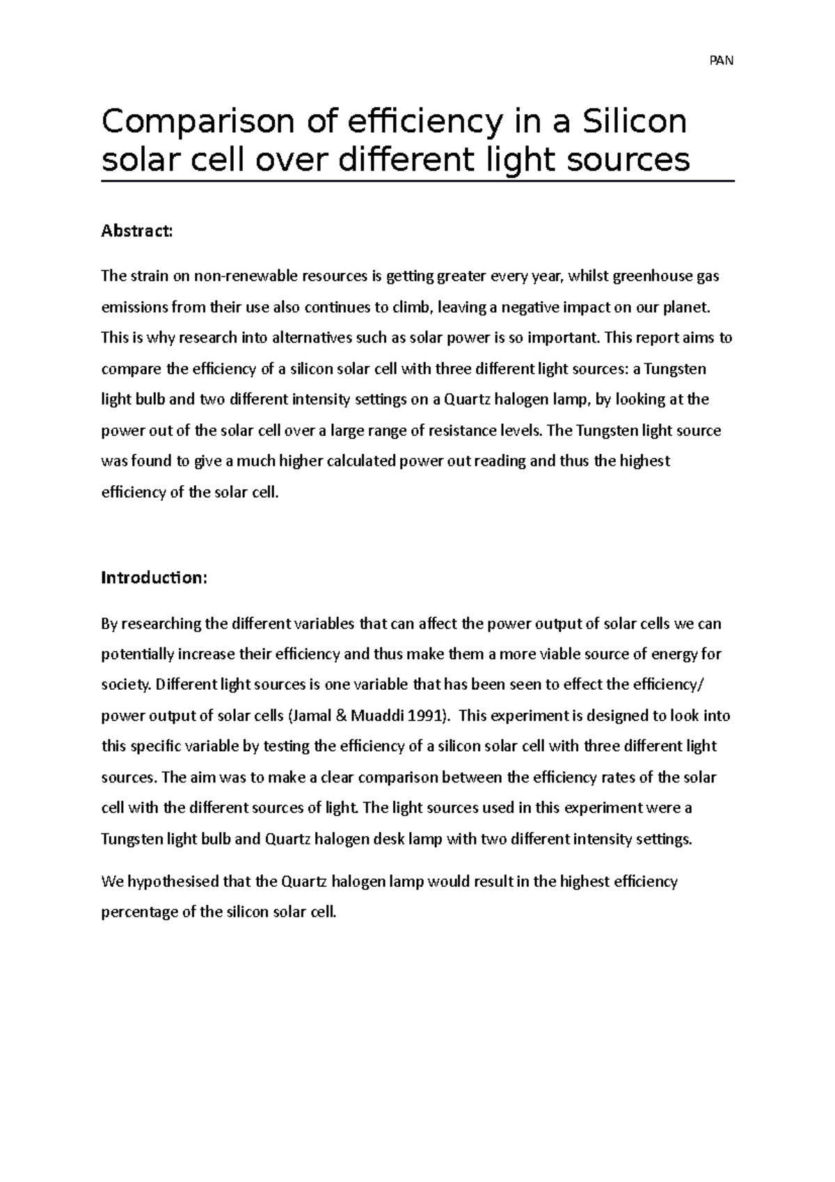 Report - Comparison of efficiency in a Silicon solar cell over ...