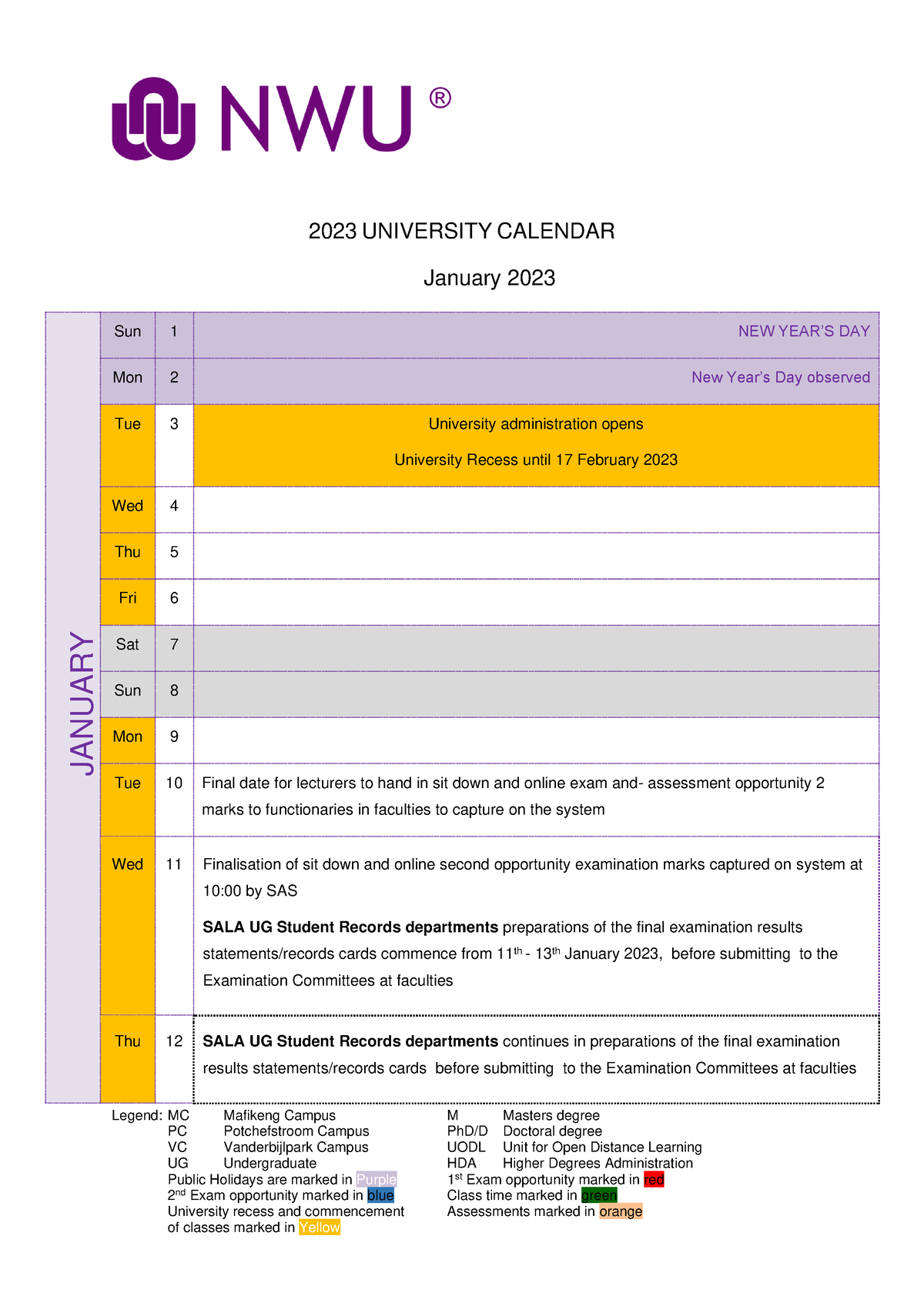 Nwu Calendar 2025 Pdf Download Undergraduate 