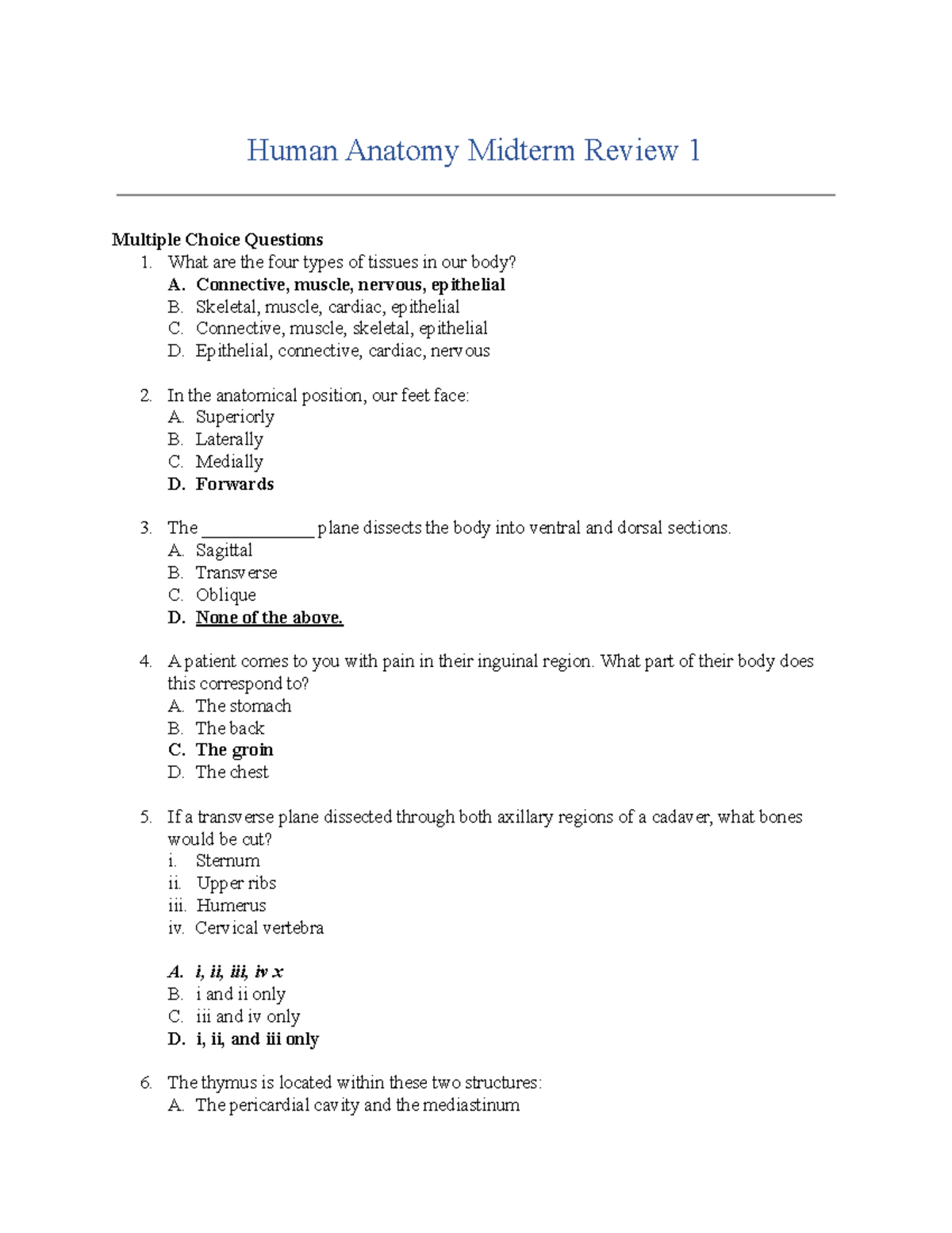 Copy of Human Anatomy Midterm Review 1 Human Anatomy Midterm Review 1