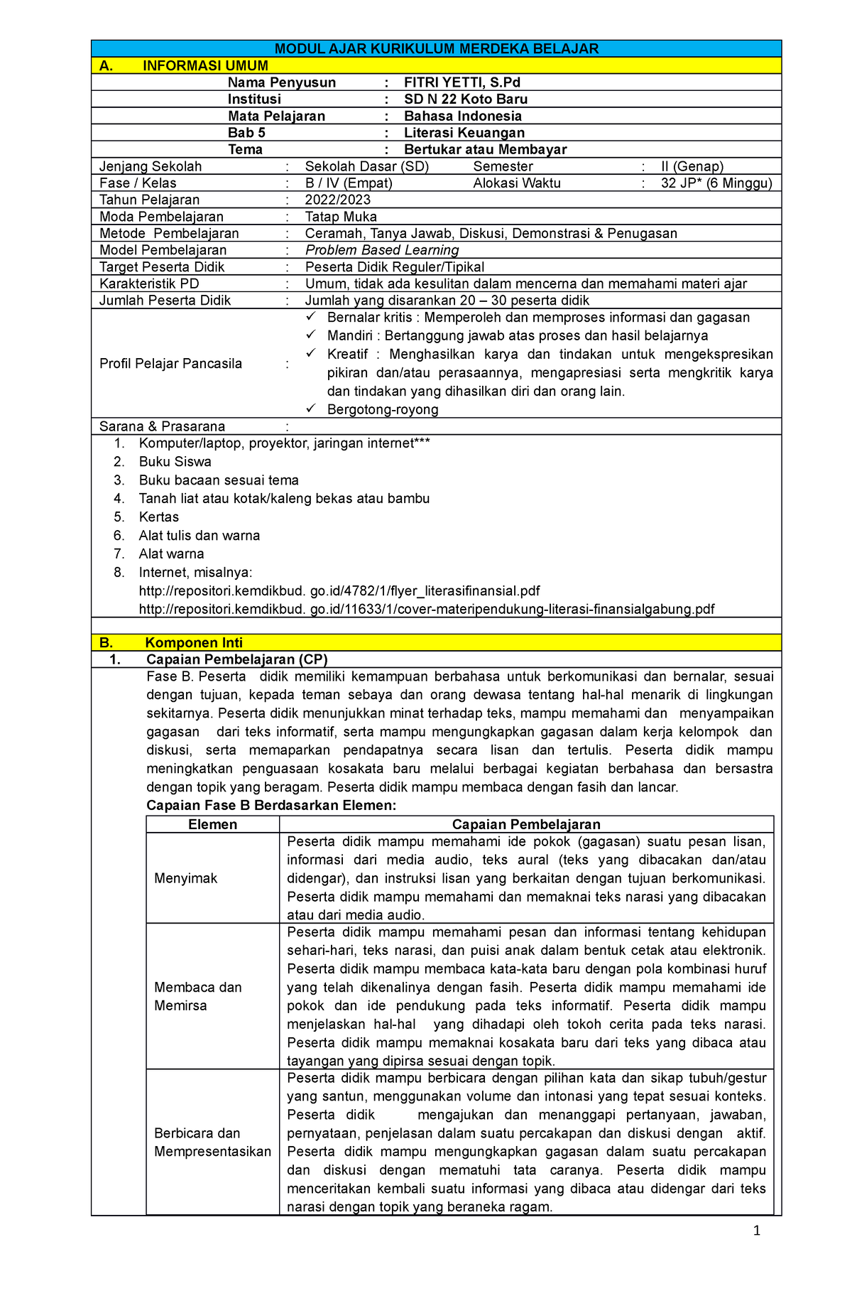 B. Modul AJAR Bahasa Indonesia KLS IV SMS 2 - MODUL AJAR KURIKULUM ...