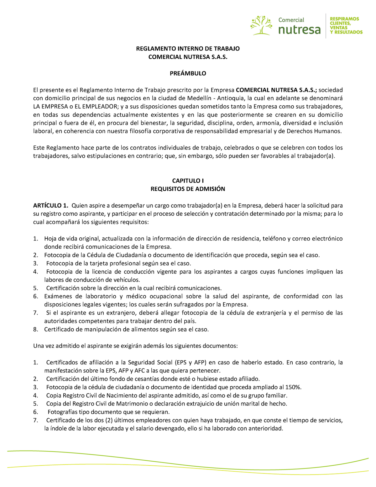 Rit Reglamento Interno Reglamento Interno De Trabajo Comercial Nutresa Sa PreÁmbulo El 9109