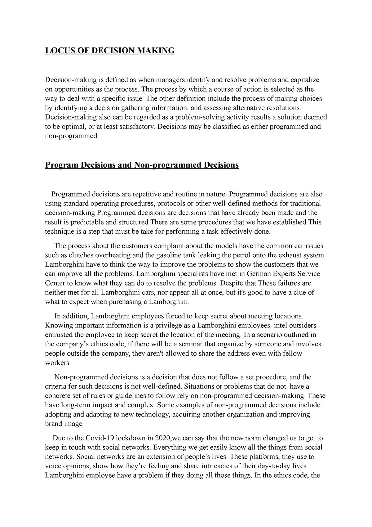 MGT - group project - LOCUS OF DECISION MAKING Decision-making is ...