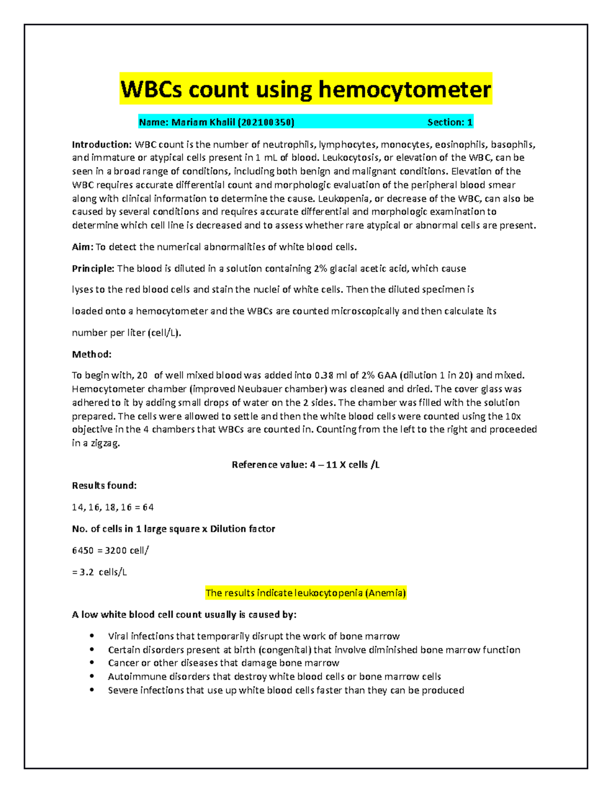 Lab reports Hematology lab reprorts WBCs count using hemocytometer