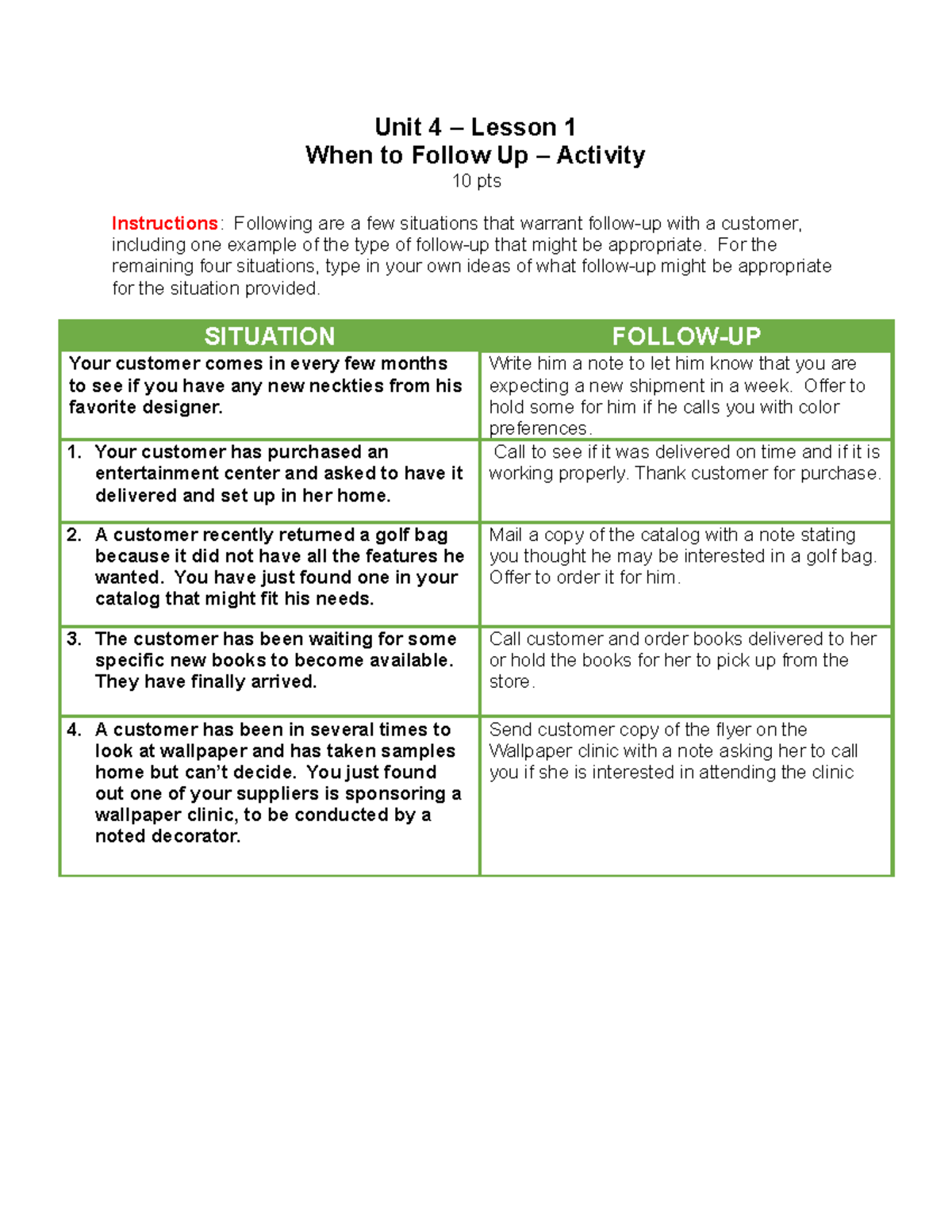 Unit 4 - Lesson 1 - When to Follow Up – Activity - Copy - Unit 4 ...