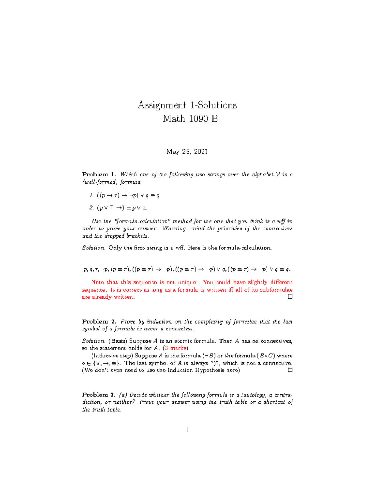 Assignment 1 Solutions 1 - Assignment 1-Solutions Math 1090 B May 28 ...