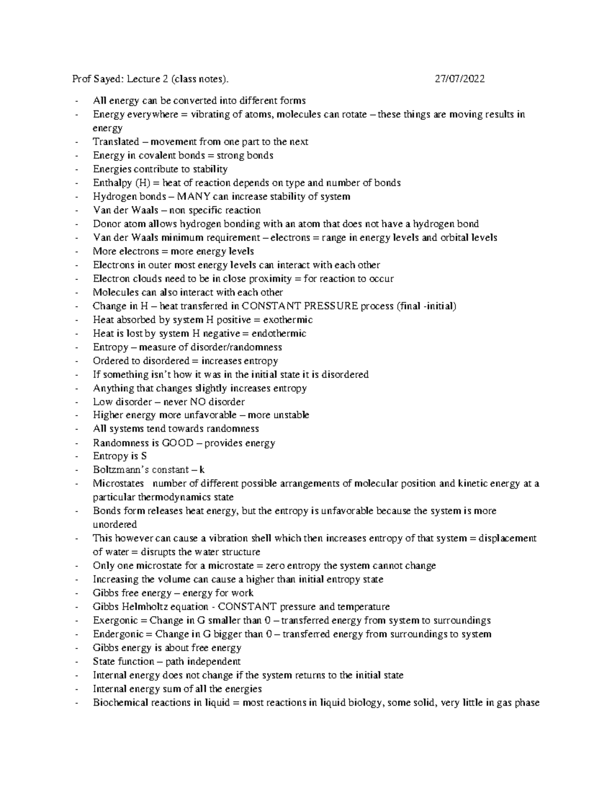 Thermodynamics lecture 2 class notes - Prof Sayed: Lecture 2 (class ...
