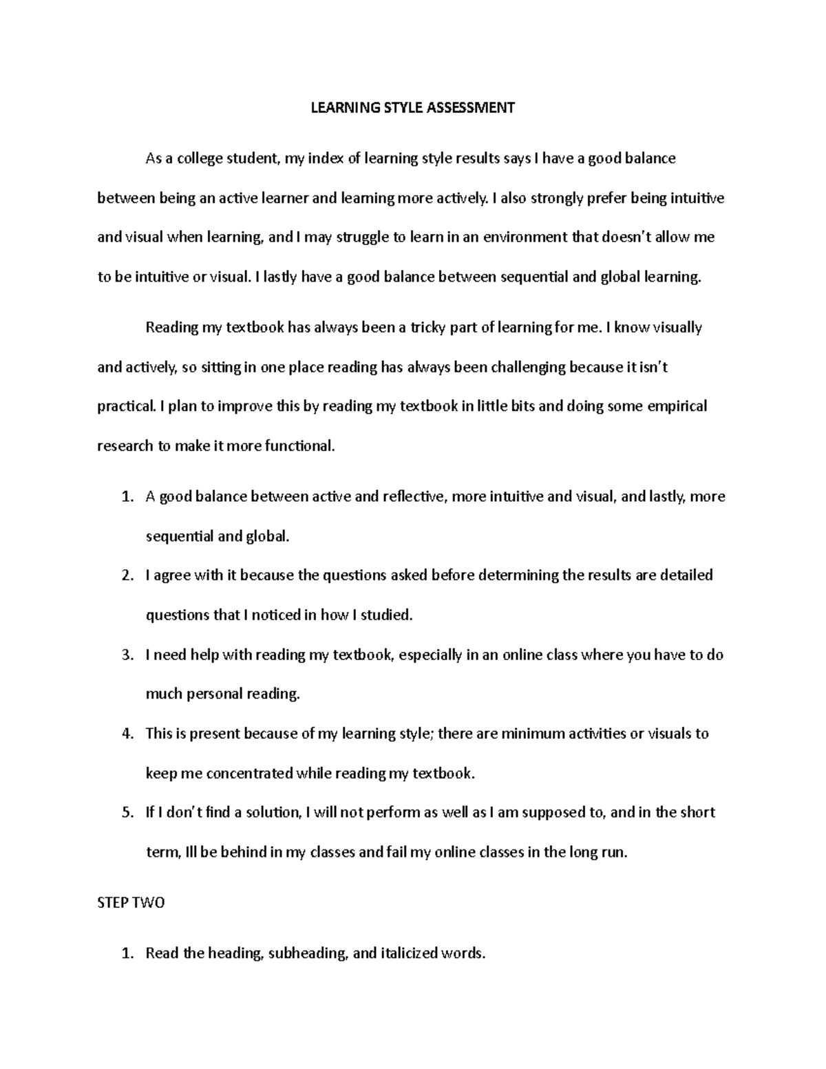 Learning Style Assesment - LEARNING STYLE ASSESSMENT As a college ...