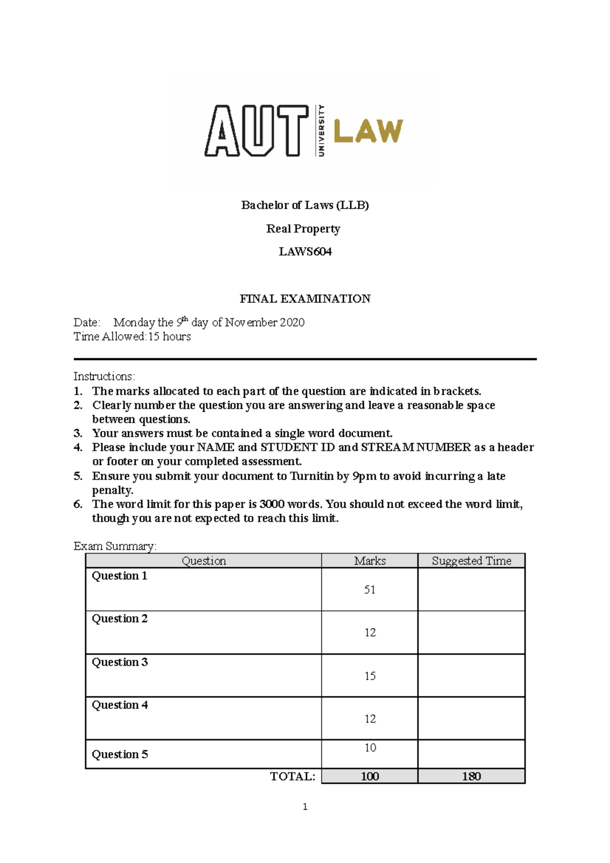 Final 1 November 2020, questions - Bachelor of Laws (LLB) Real Property ...