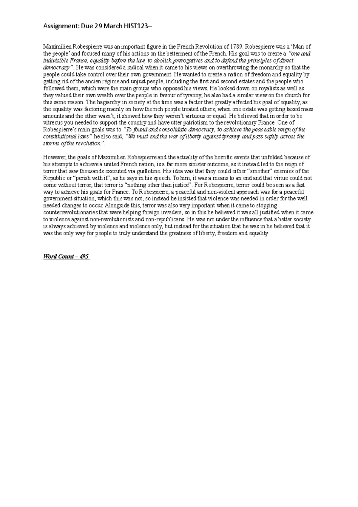 Robespierre and his goals HIST123 Assignment 2022 Otago University