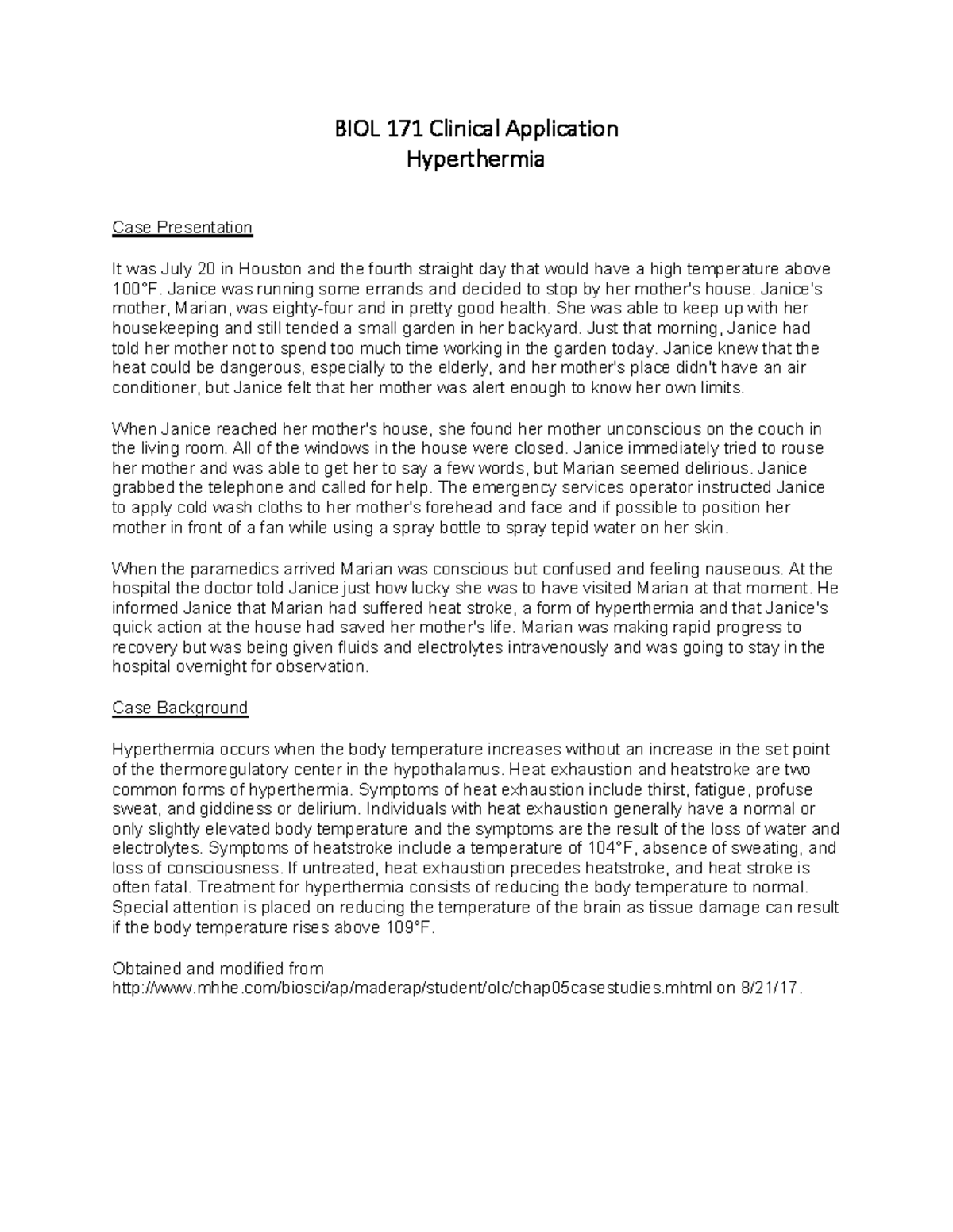 Hyperthermia case study BIOL 171 Clinical Application Hyperthermia