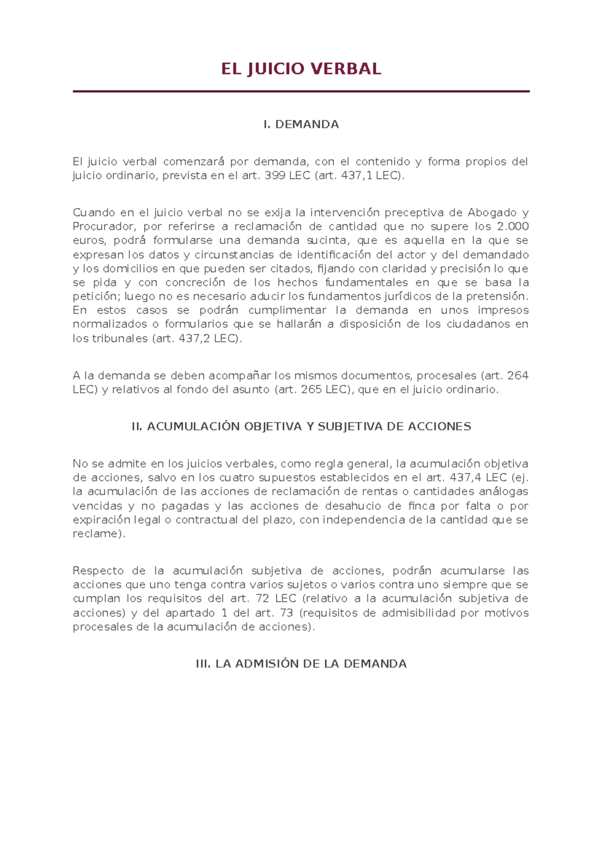 1. el juicio verbal en derecho procesal - EL JUICIO VERBAL I. DEMANDA ...