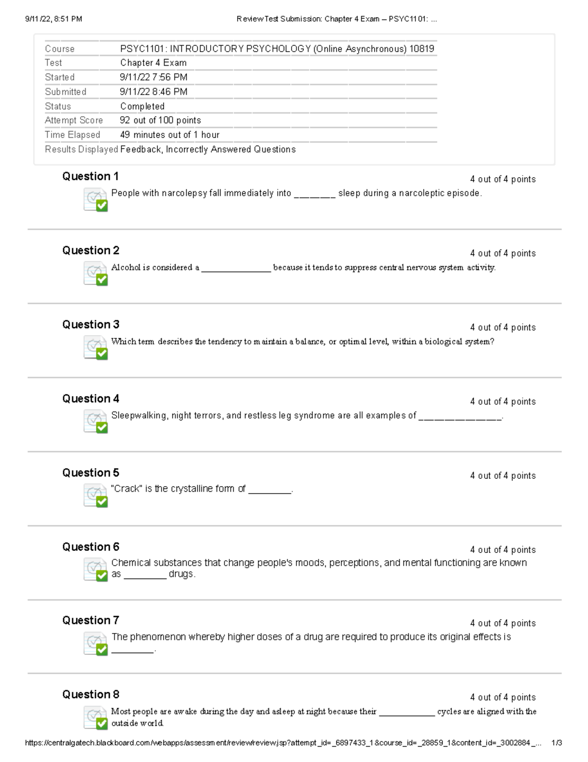 Review Test Submission Chapter 4 Exam – PSYC1101 - 9/11/22, 8:51 PM ...