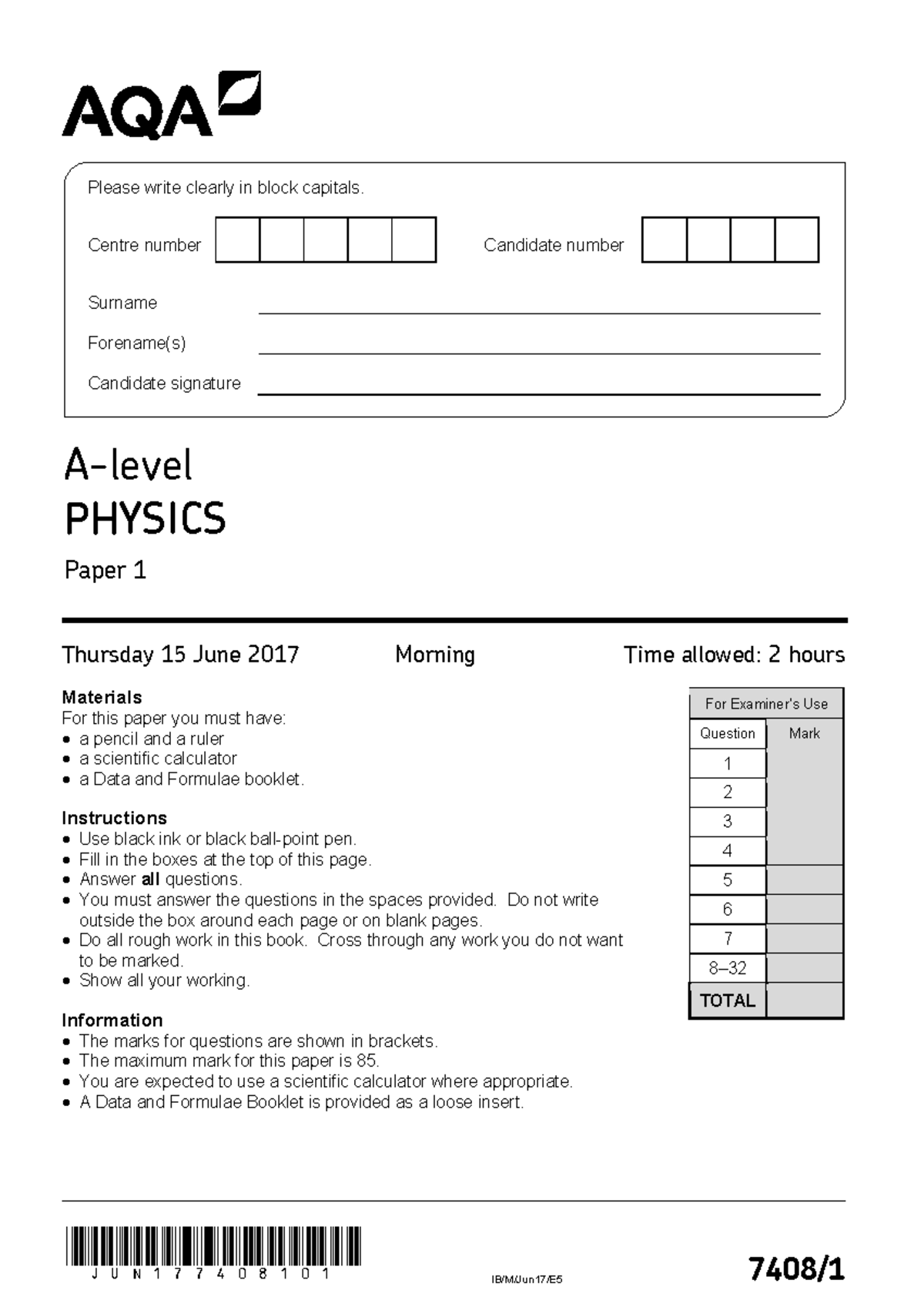 A Level Physics Paper 1 2017 - JUN177408101 IB/M/Jun17/E 5 7408/ For ...