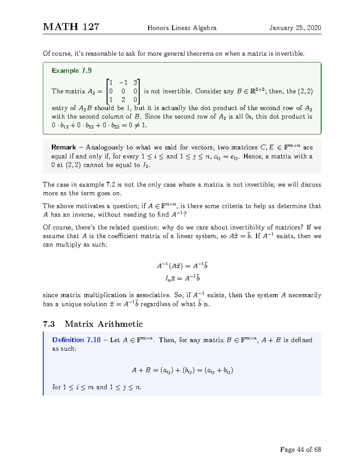 MATH 235-44 - Lecture notes 44 - MATH 127 Honors Linear Algebra January ...