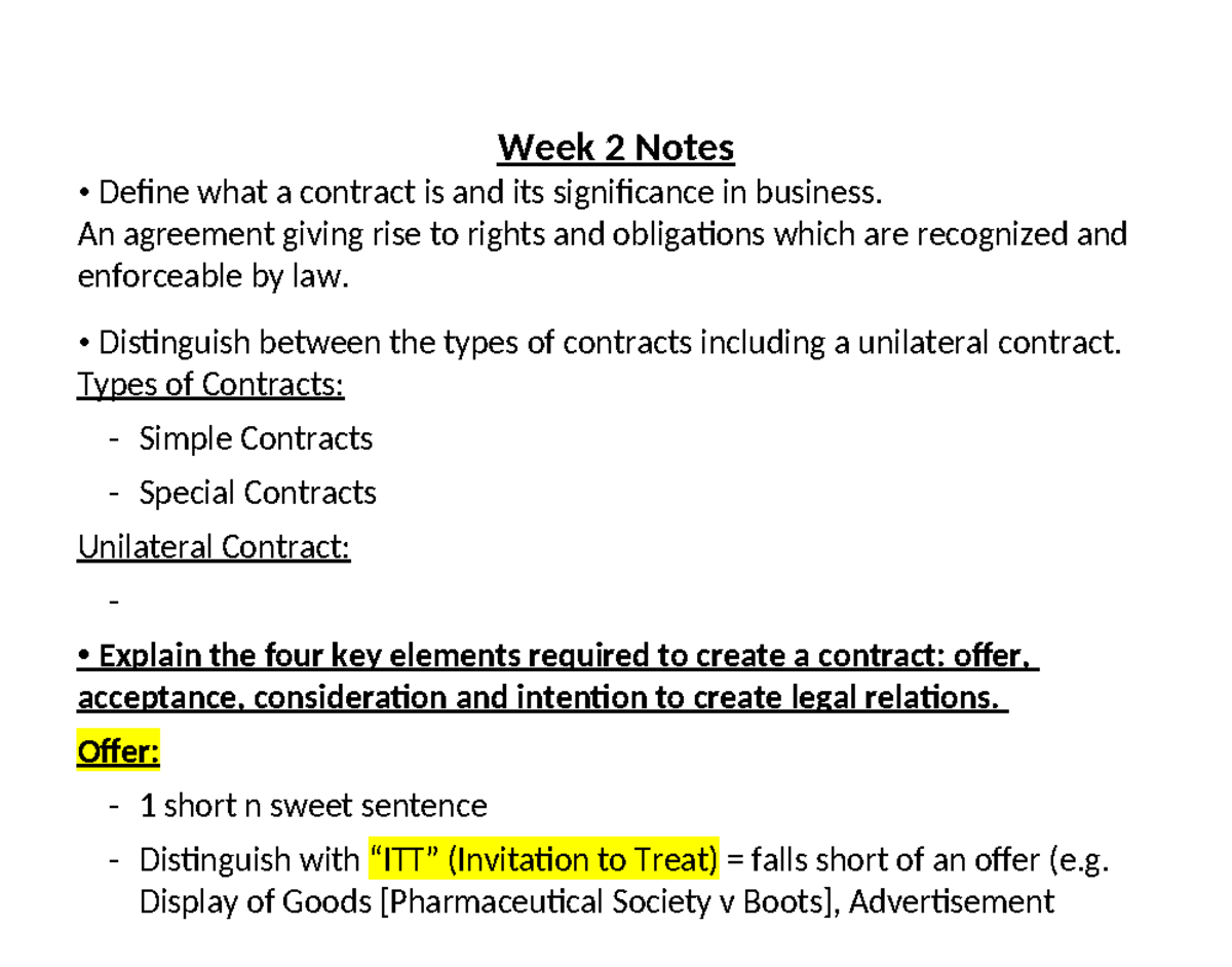 Week 2 Notes (Inclass) - Summary Contract and Agency Law - Week 2 Notes ...