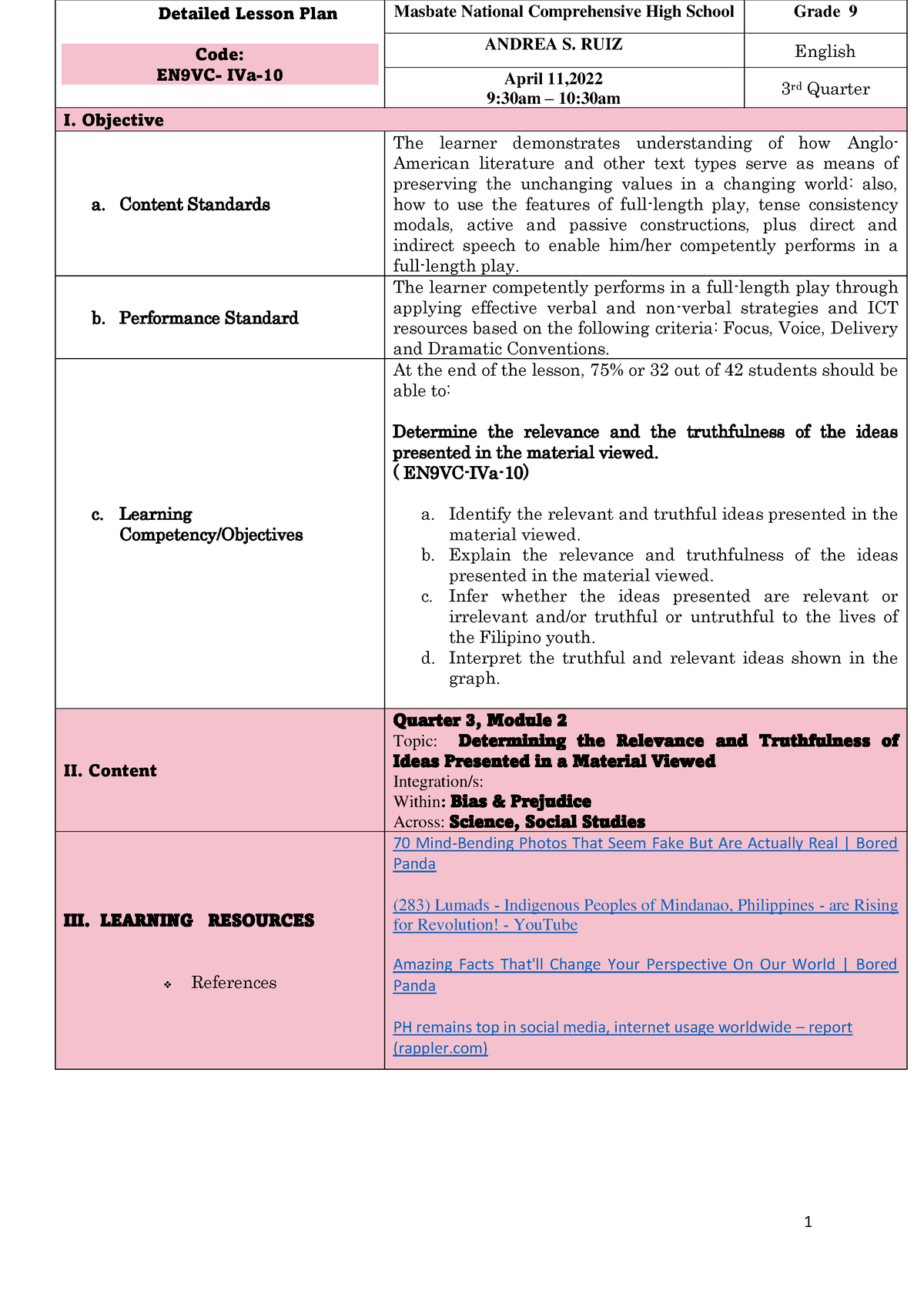 Dlp Sample Detailed Lesson Plan Code En9vc Iva Masbate National Comprehensive High School 5417