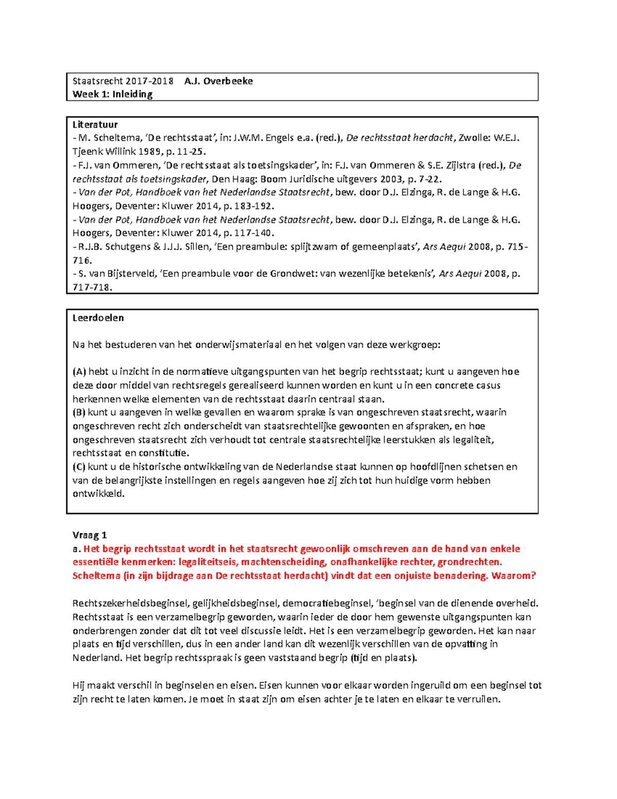 Staatsrecht Werkgroep 1 - Staatsrecht 2017-2018 A. Overbeeke Week 1 ...