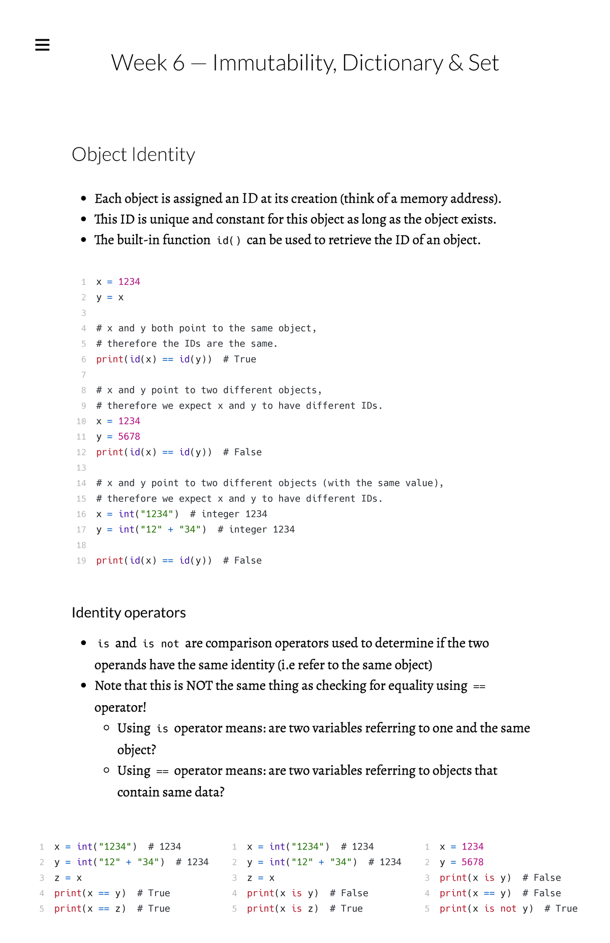 Week 6 — Immutability, Dictionary & Set Week 6 — Immutability, Dictionary & Set Object Studocu