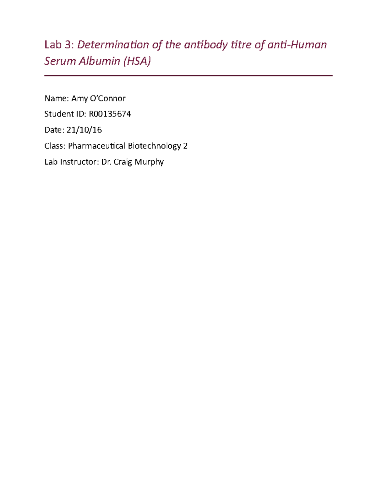 Immunoanalysis Experiment 3 Lab 3 Determination of the antibody